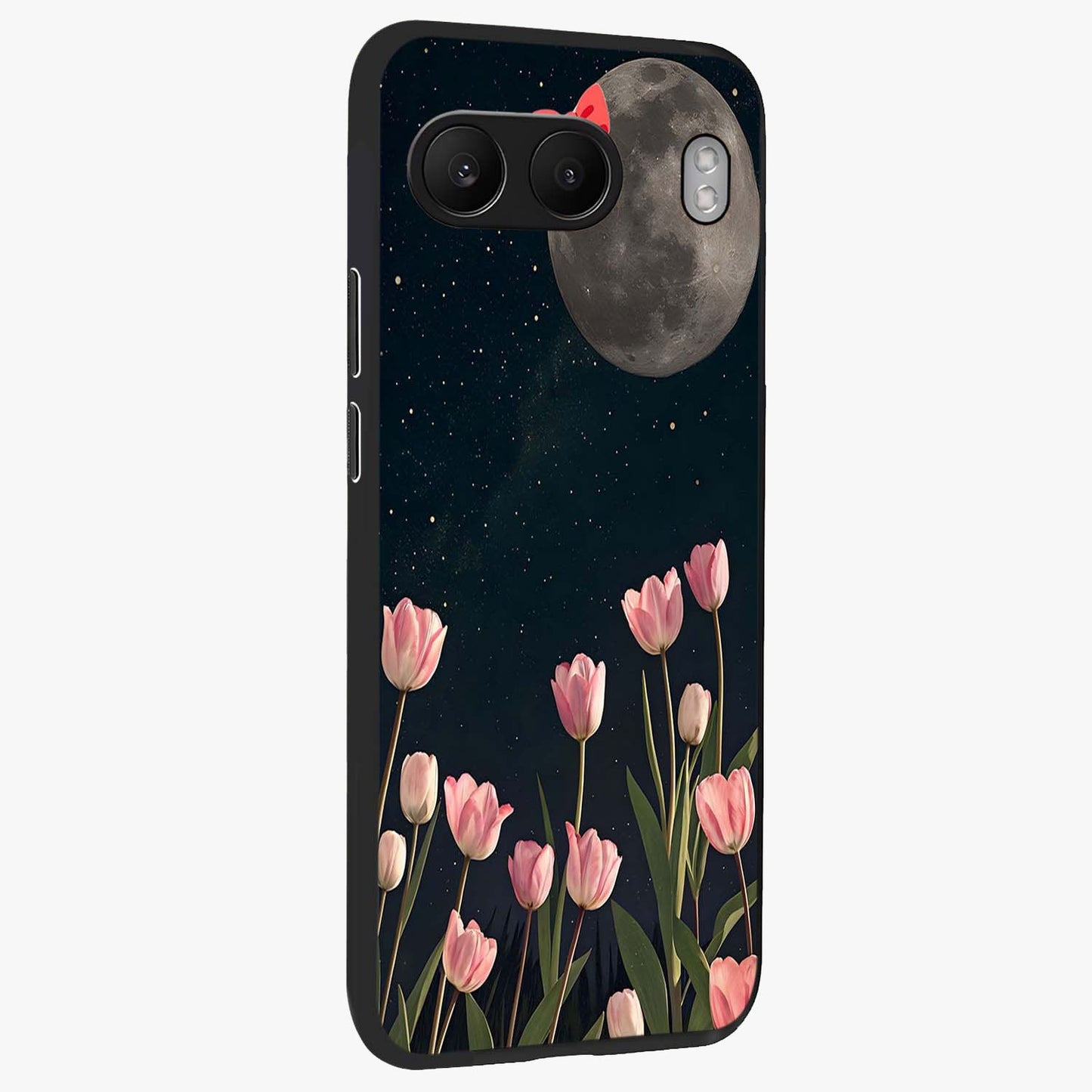 Moonlit Night Tulip Glass Case for 1+Nord 4 side perspective highlighting delicate petal textures and sleek build
