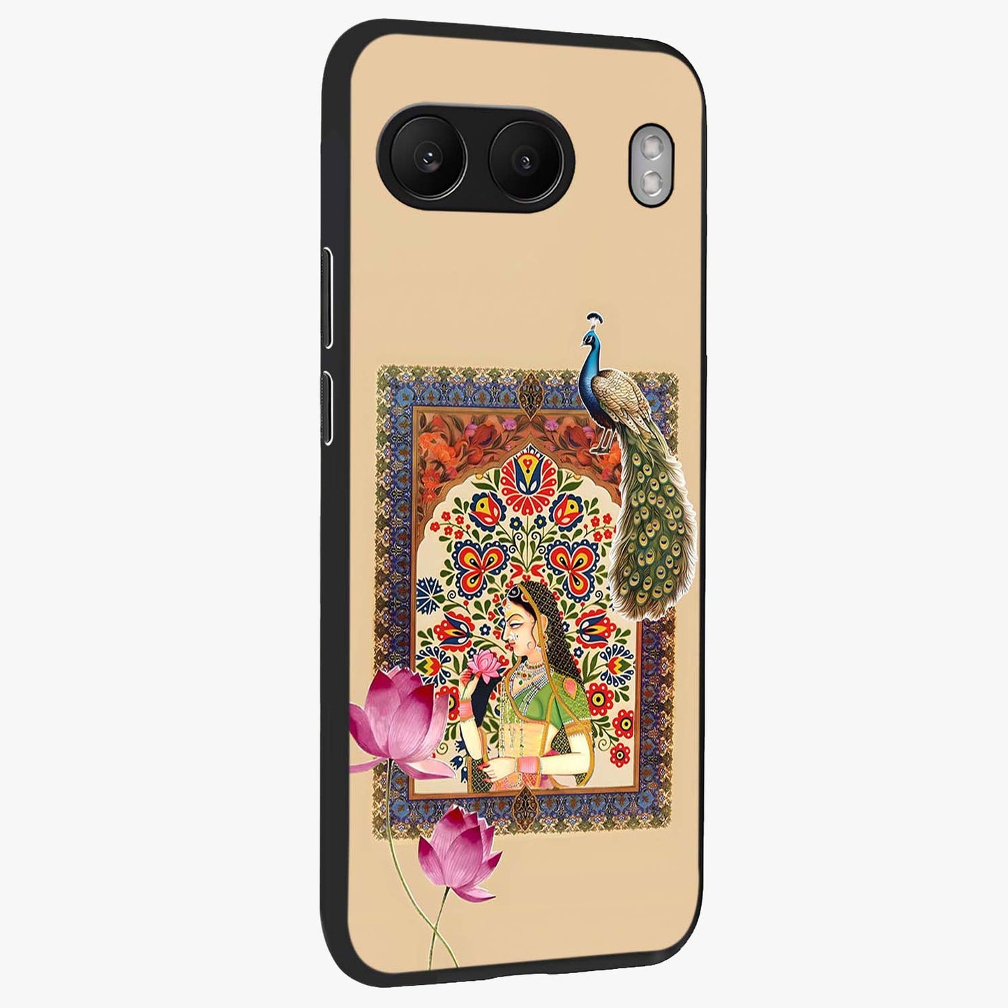 Mughal Princess and Peacock Glass Case for 1+Nord 4 side perspective highlighting detailed cultural textures and smooth premium build