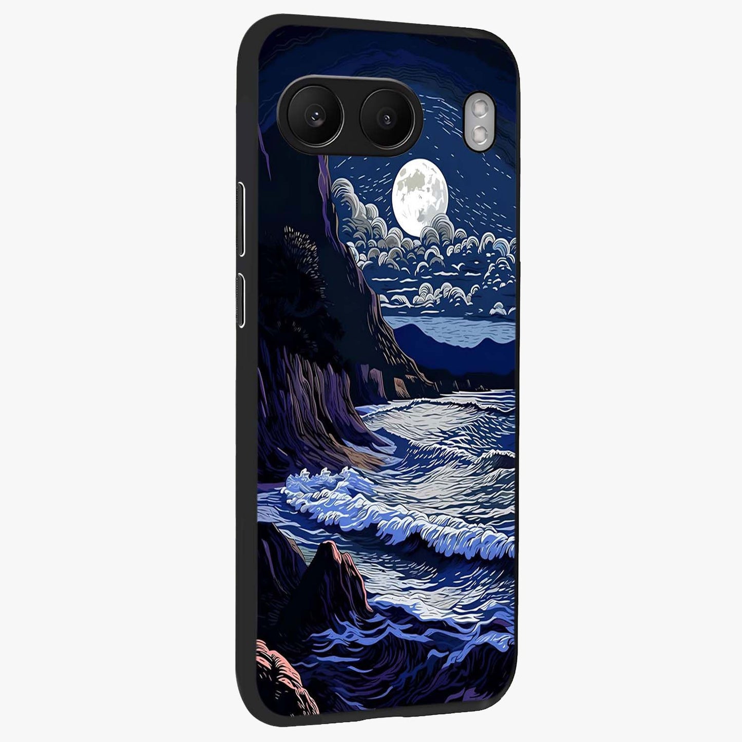 Night Moon Scenery Pattern Glass Case for 1+Nord 4 side perspective highlighting calming scenic textures and smooth build