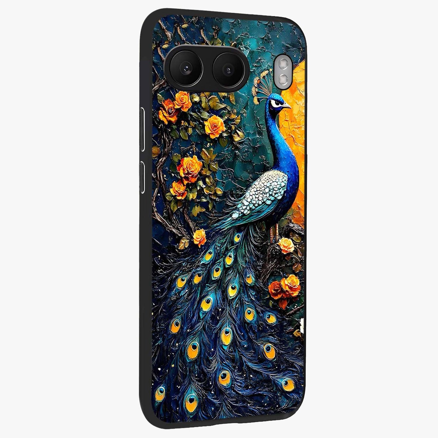 Peacock With Yellow Moon Glass Case for 1+Nord 4 side perspective highlighting vibrant plumage detailing and premium edges
