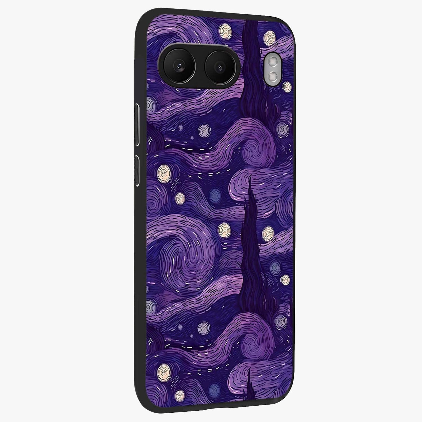 Purple Swirls Glass Case for 1+Nord 4 side perspective highlighting fluid textures and sleek premium build