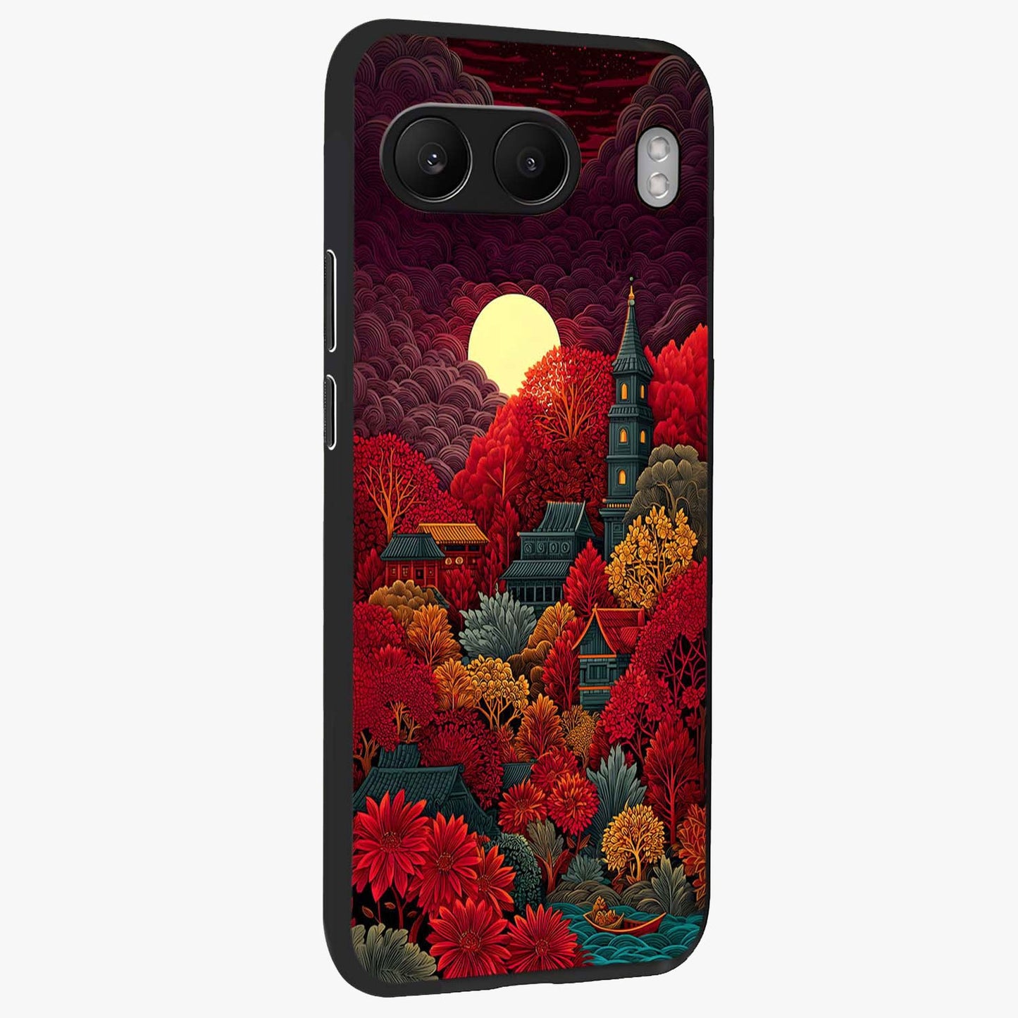 Red Scenery Hot Glass Case for 1+Nord 4 side perspective highlighting vivid gradient textures and smooth build