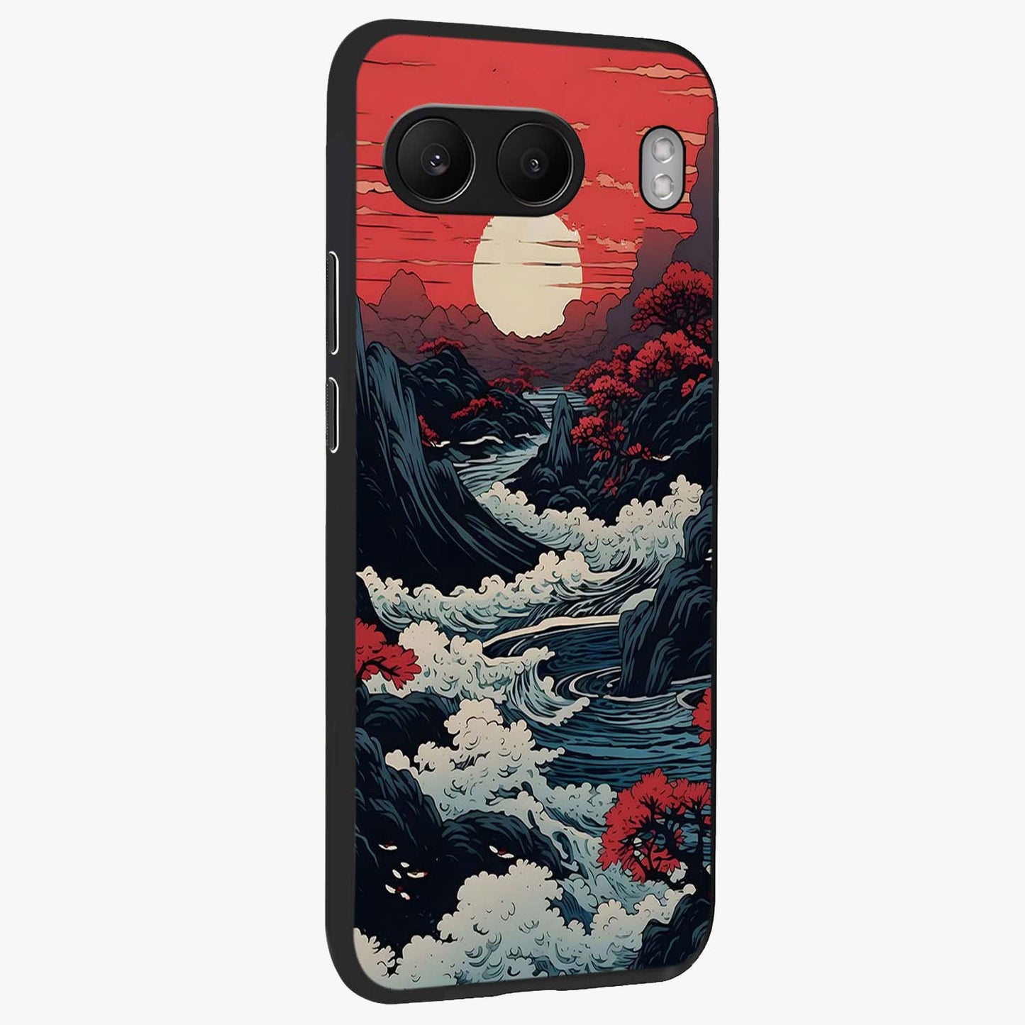 Red Sunset Scenery Glass Case for 1+Nord 4 side perspective highlighting calming horizon textures and premium edges