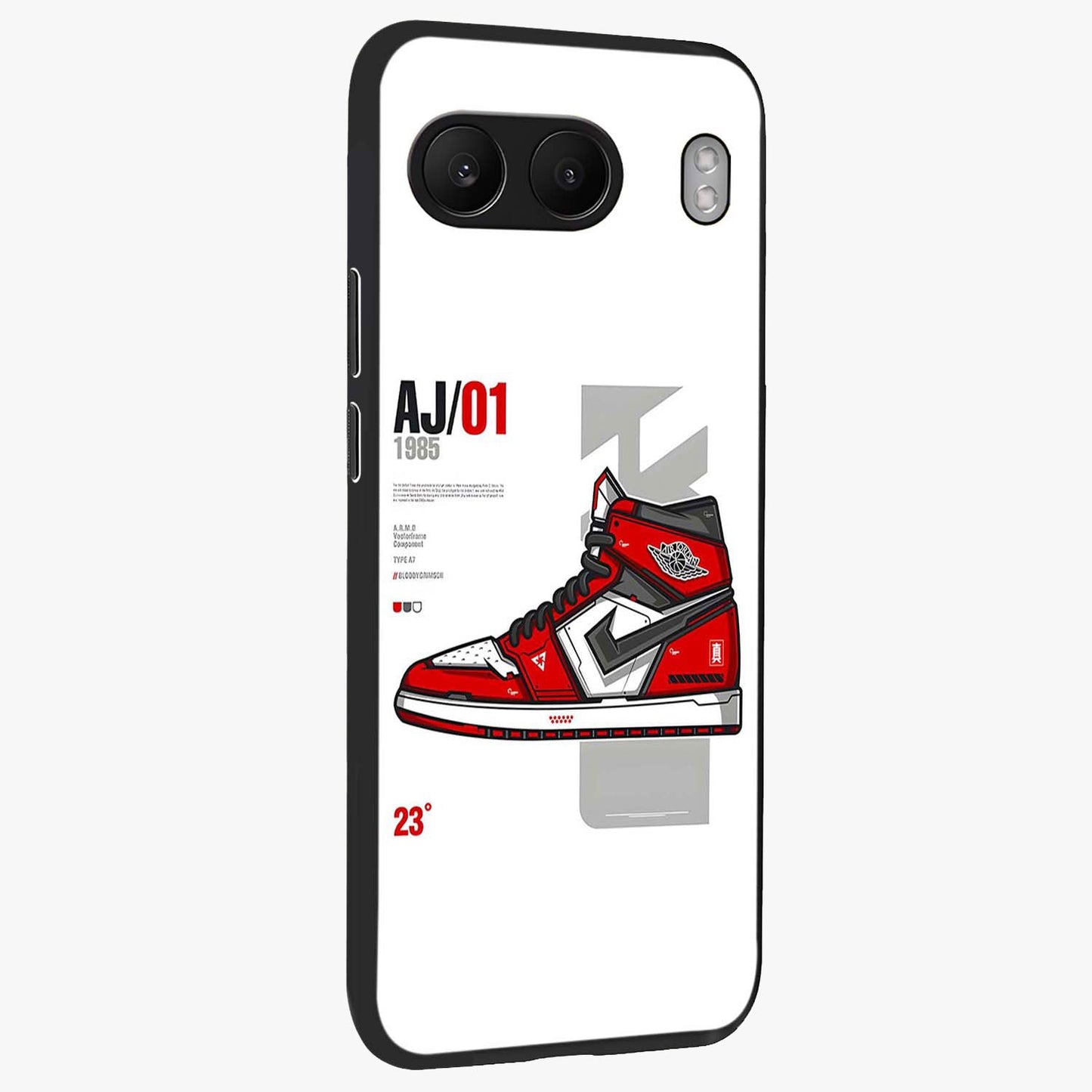 Retro Sneaker Blueprint Glass Case for 1+Nord 4 side perspective highlighting sharp graphic textures and sleek build
