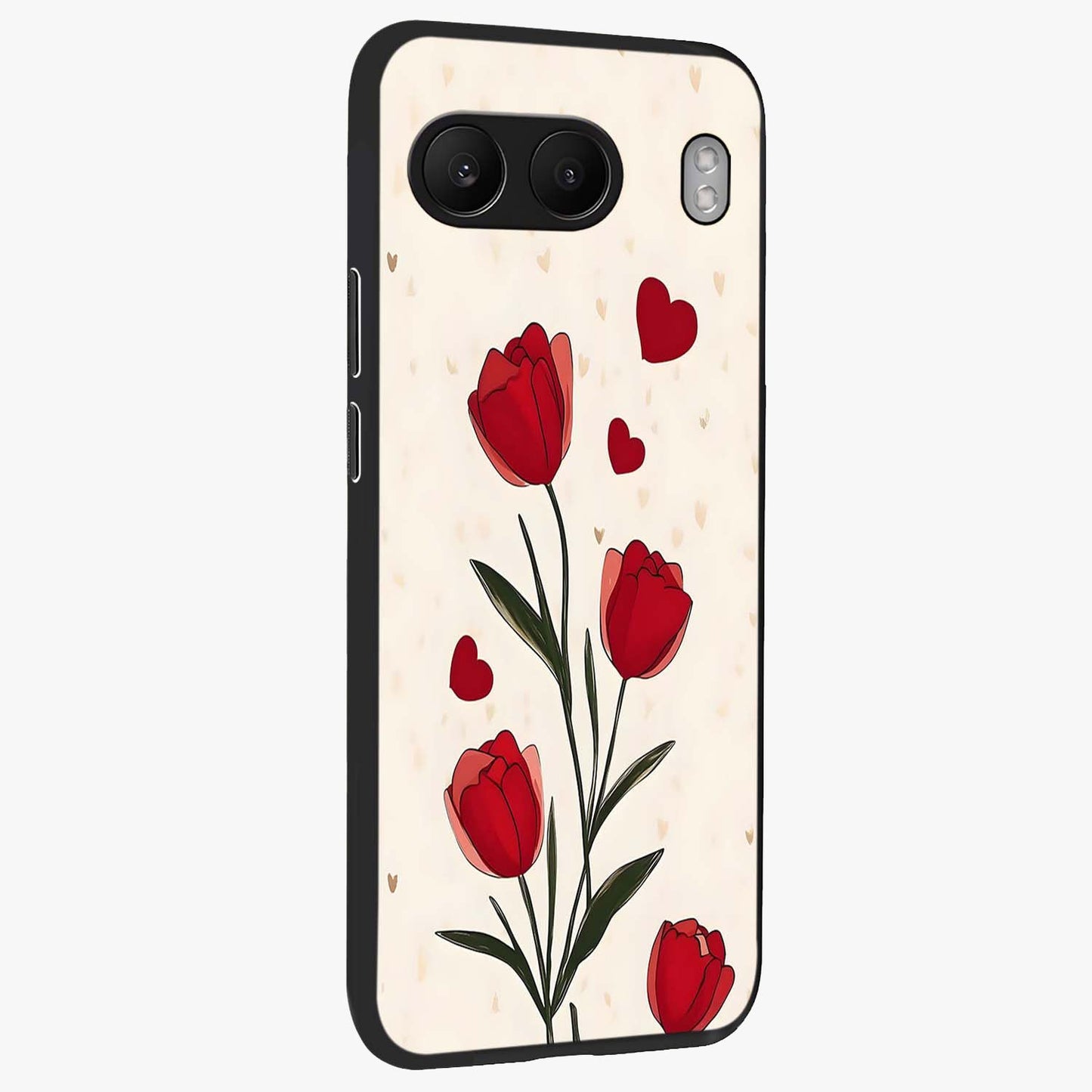 Romantic Tulip Hearts Glass Case for 1+Nord 4 side perspective highlighting delicate bloom textures and premium edges