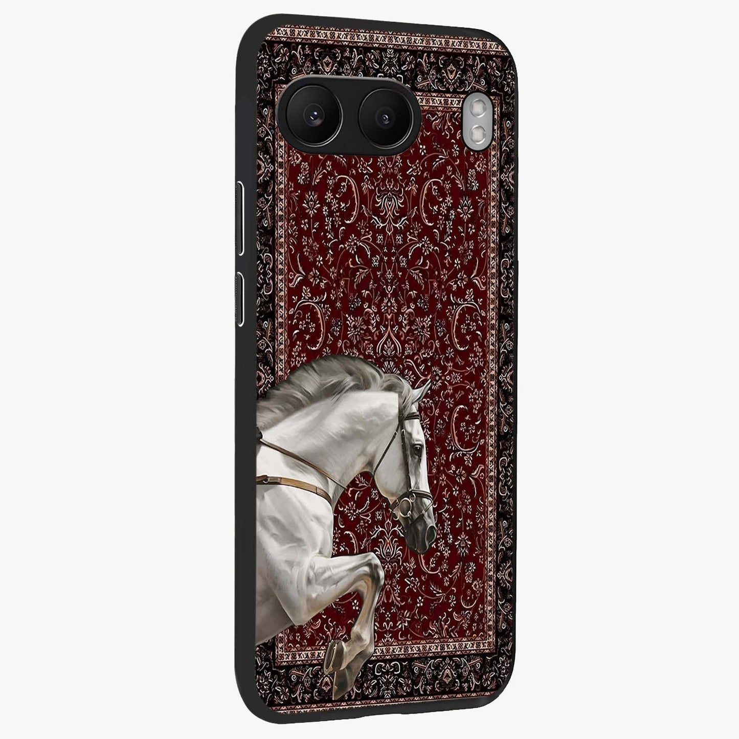 Royal Ride Rug Glass Case for 1+Nord 4 side perspective highlighting detailed pattern textures and sleek build