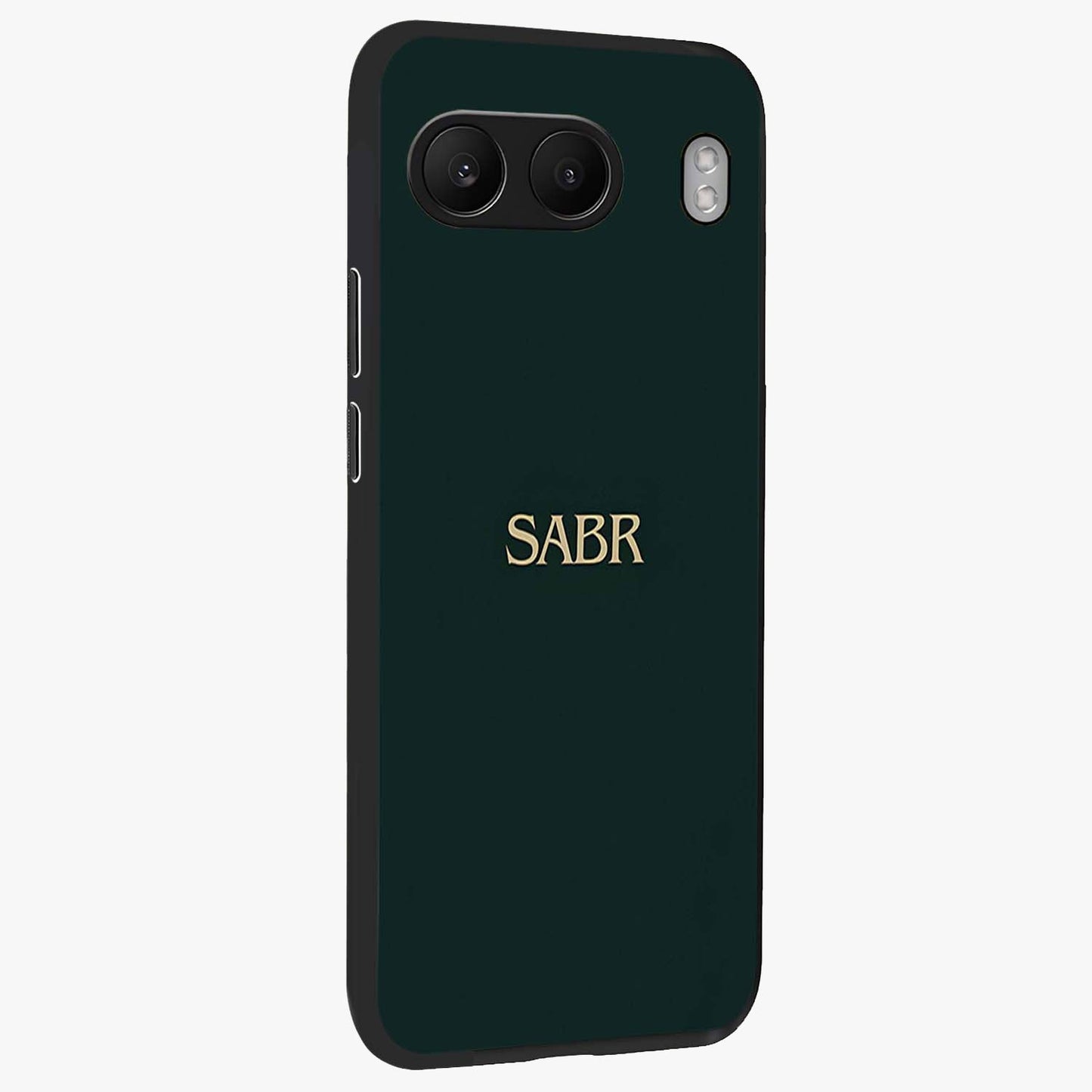 Sabr Minimal Patience Glass Case for 1+Nord 4 side perspective highlighting elegant text detailing and sleek build