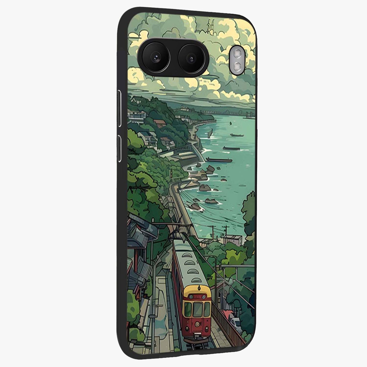 Seaside Train Ride Glass Case for 1+Nord 4 side perspective highlighting detailed scenery textures and premium edges