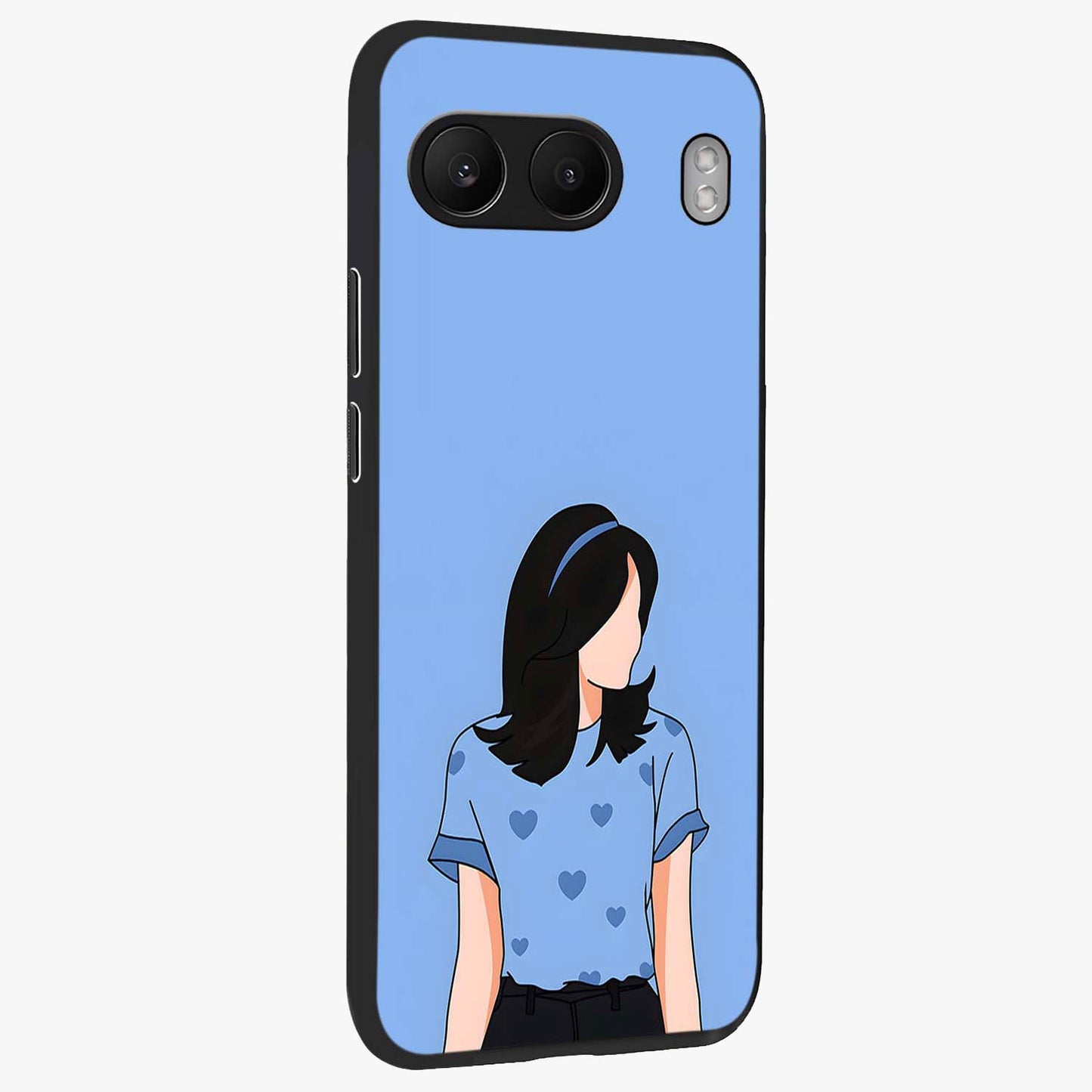 Soft Hearts Girl Glass Case for 1+Nord 4 side perspective highlighting delicate illustration textures and smooth build