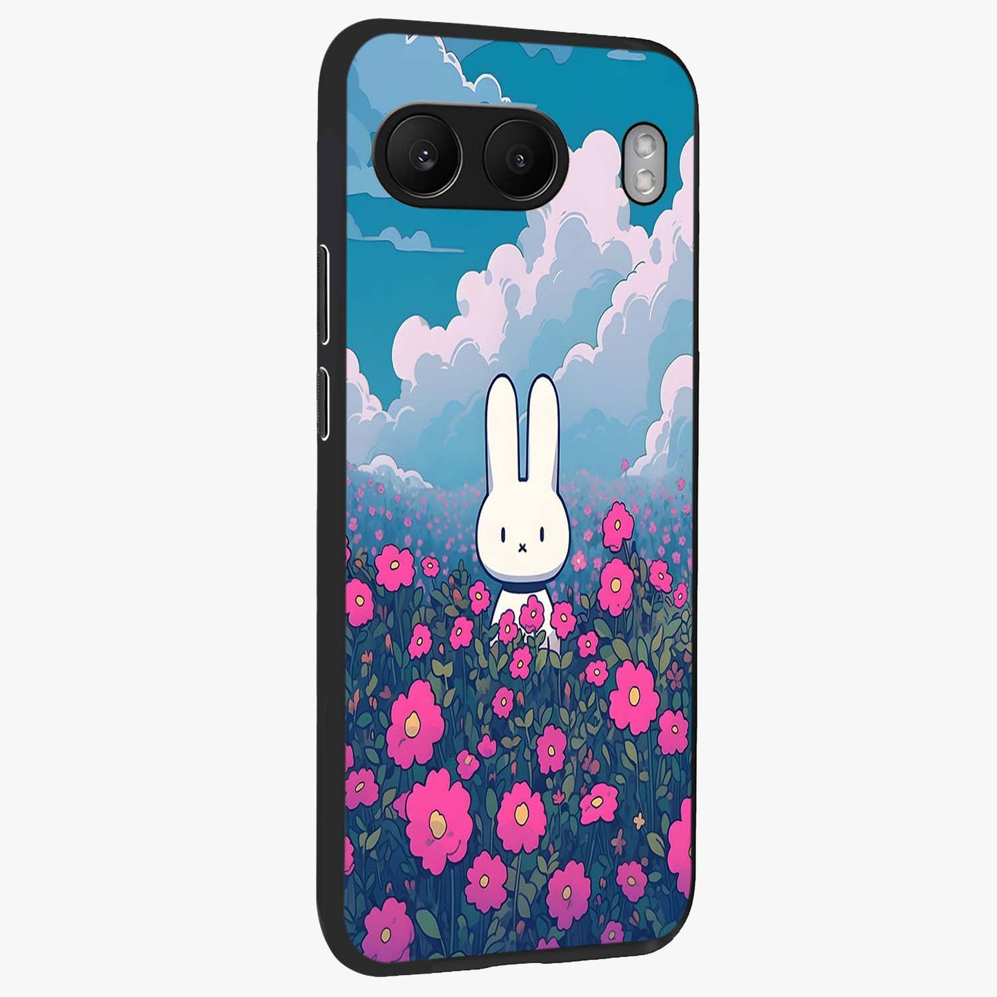 Springtime Blossom Bunny Glass Case for 1+Nord 4 side perspective highlighting charming illustration textures and premium edges