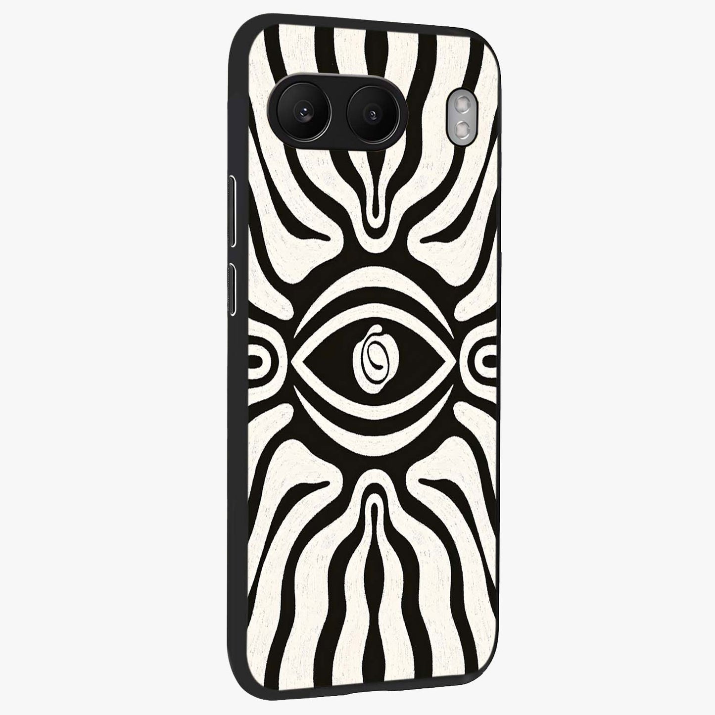 Trancewave Illusion Art Glass Case for 1+Nord 4 side perspective highlighting dynamic wave textures and premium edges