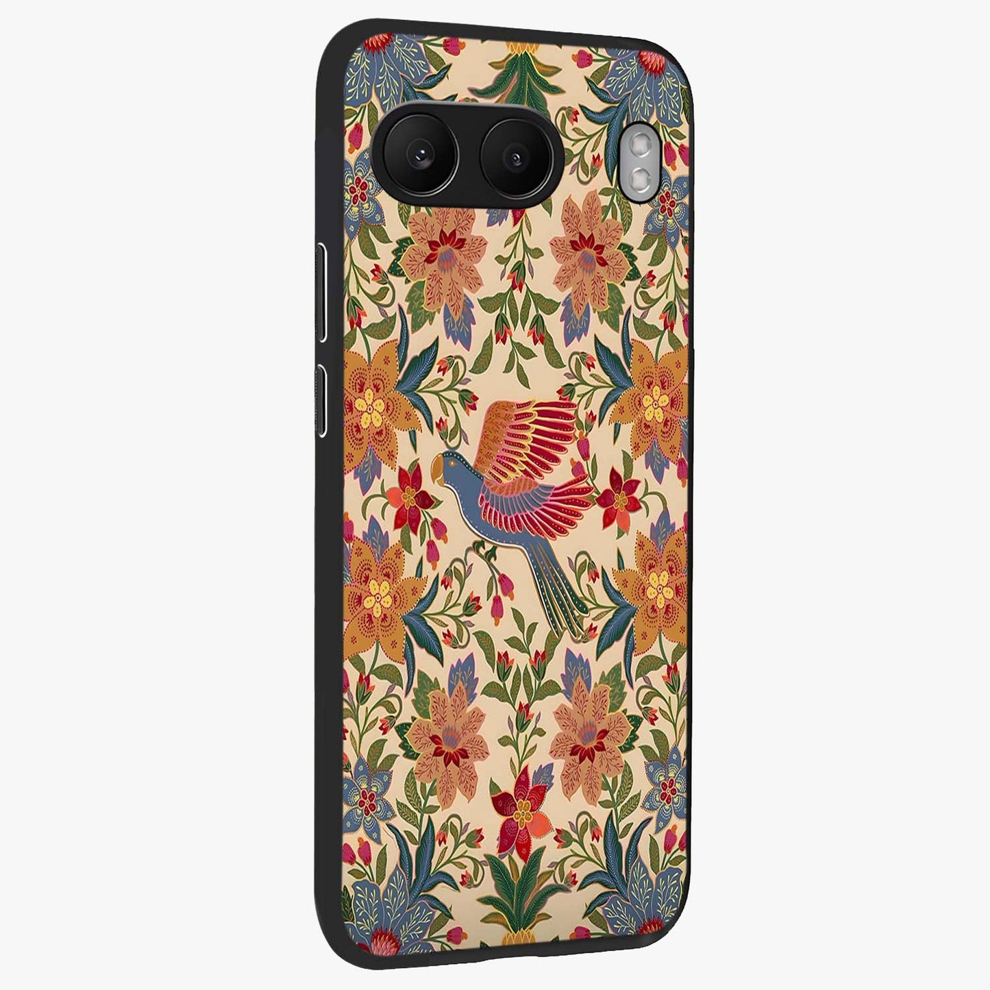 Tropical Folk Art Bird Glass Case for 1+Nord 4 side perspective highlighting detailed feather textures and premium edges