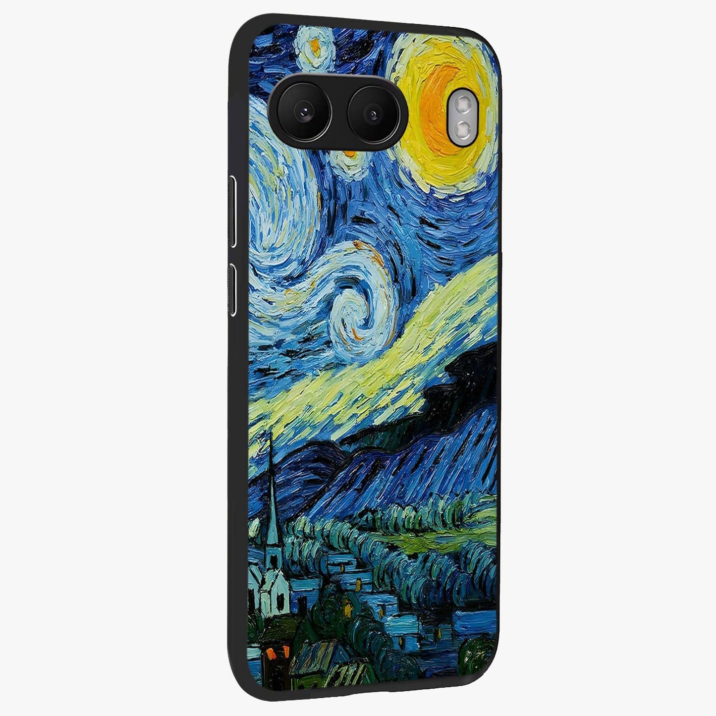 Van Gogh Art Glass Case for 1+Nord 4 side perspective highlighting vibrant artistic detailing and smooth premium build