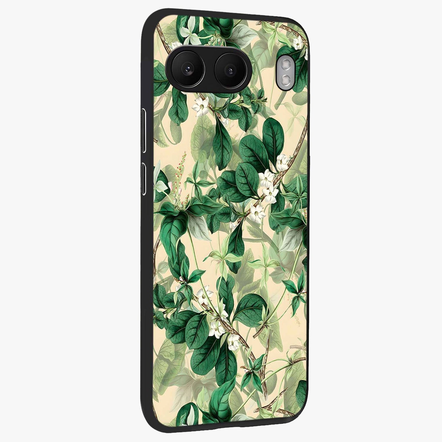 Verdant Garden Whispers Glass Case for 1+Nord 4 side perspective highlighting delicate leaf textures and premium edges