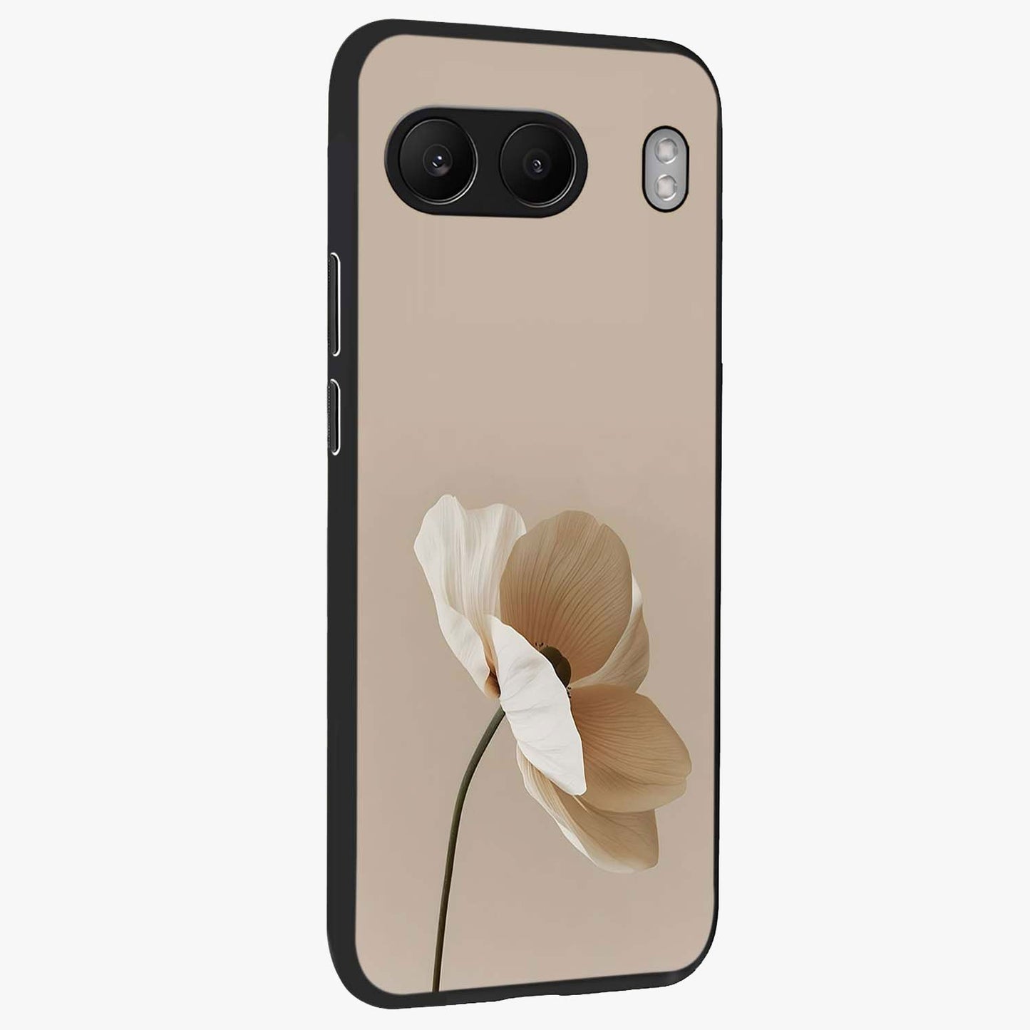 Whispering Petals Glass Case for 1+Nord 4 side perspective highlighting delicate petal textures and smooth build