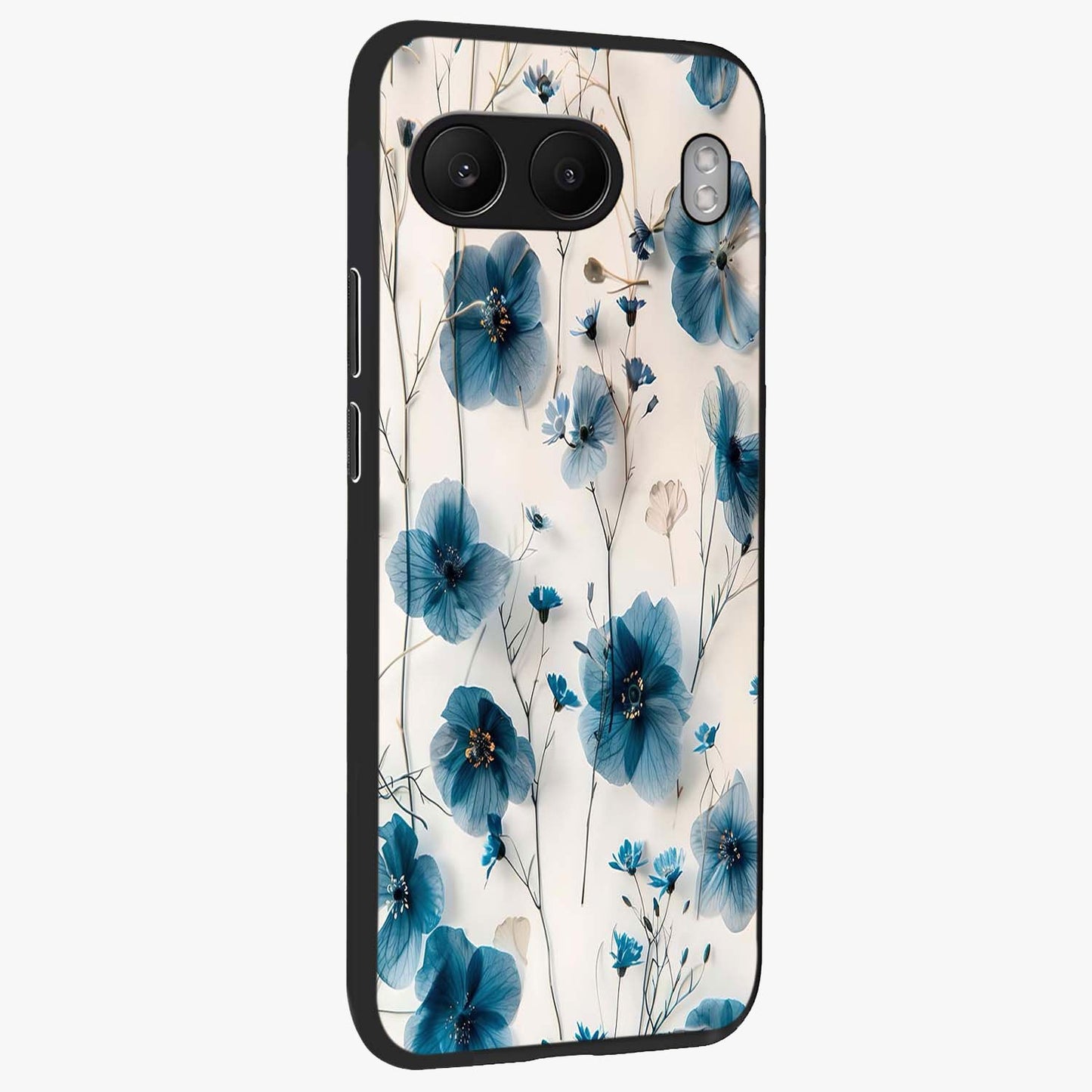 Whispers of Blue Bloom Glass Case for 1+Nord 4 side perspective highlighting intricate bloom textures and premium edges