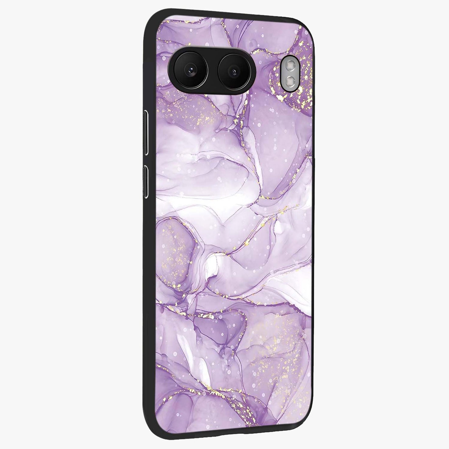 White and Purple Marble Glass Case for 1+Nord 4 side perspective highlighting smooth marble textures and premium edges