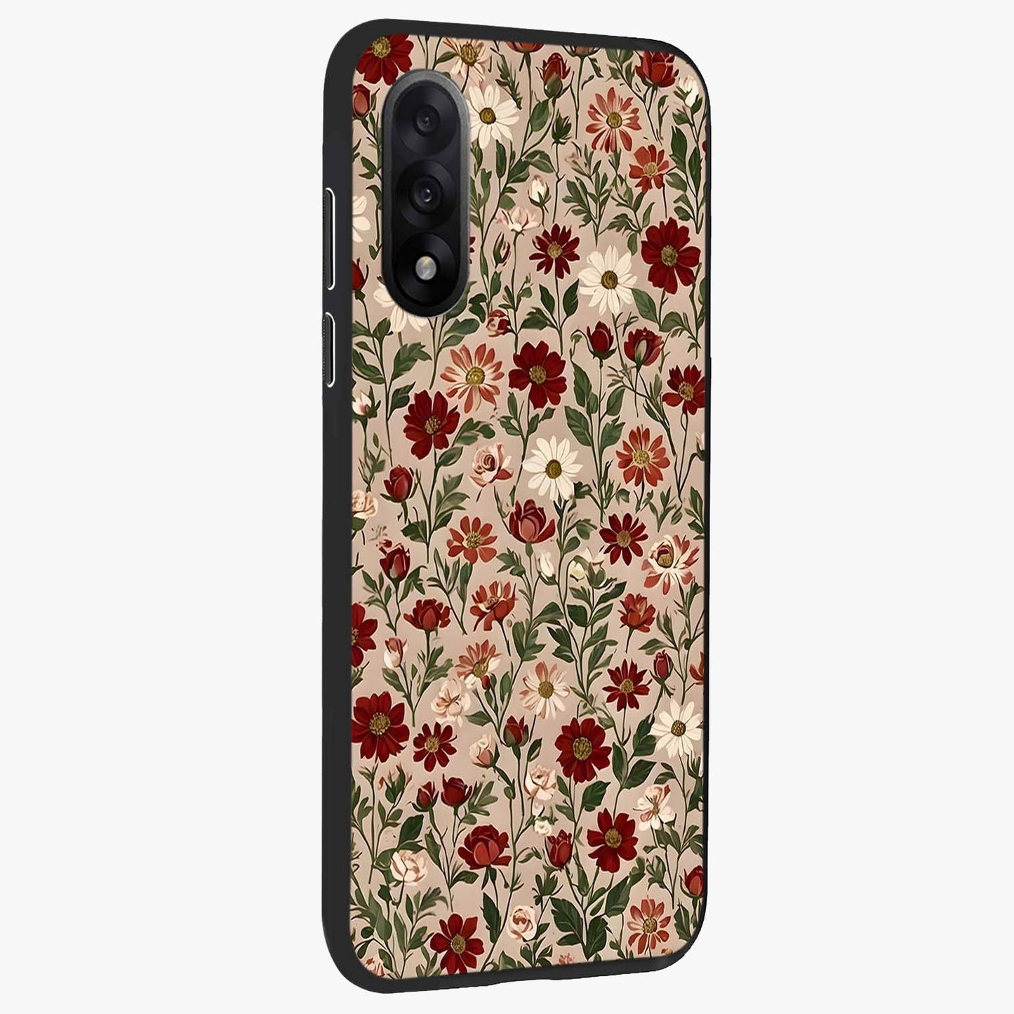 Biege Flower With Leaf Glass Case for 1+Nord 5 side perspective highlighting subtle tones and elegant flower texture