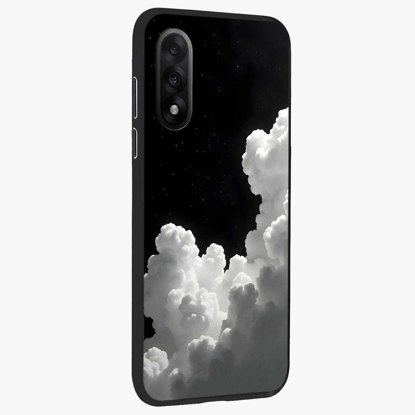Black Background With White Cloud Glass Case for 1+Nord 5 side perspective highlighting smooth edges and minimalist sky theme