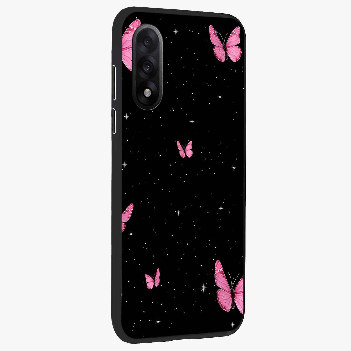 Blinking Butterfly Glass Case for 1+Nord 5 displayed upright for graceful aesthetic visibility and premium finish.