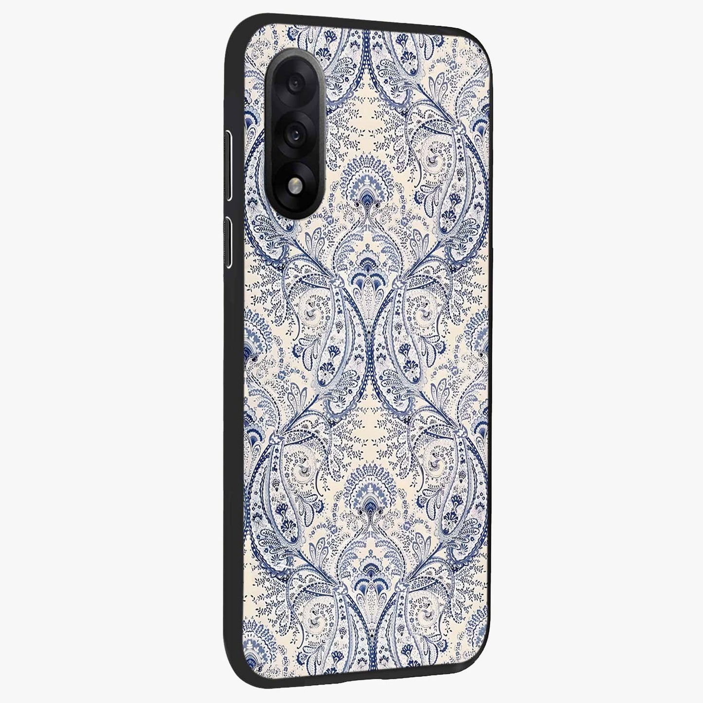 Blue Paisley Bloom Glass Case for 1+Nord 5 side perspective highlighting elegant paisley textures and premium build