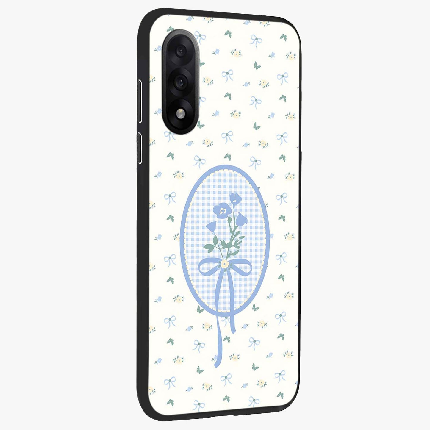 Blue Ribbon Bloom Glass Case for 1+Nord 5 side perspective highlighting graceful floral design and premium edges