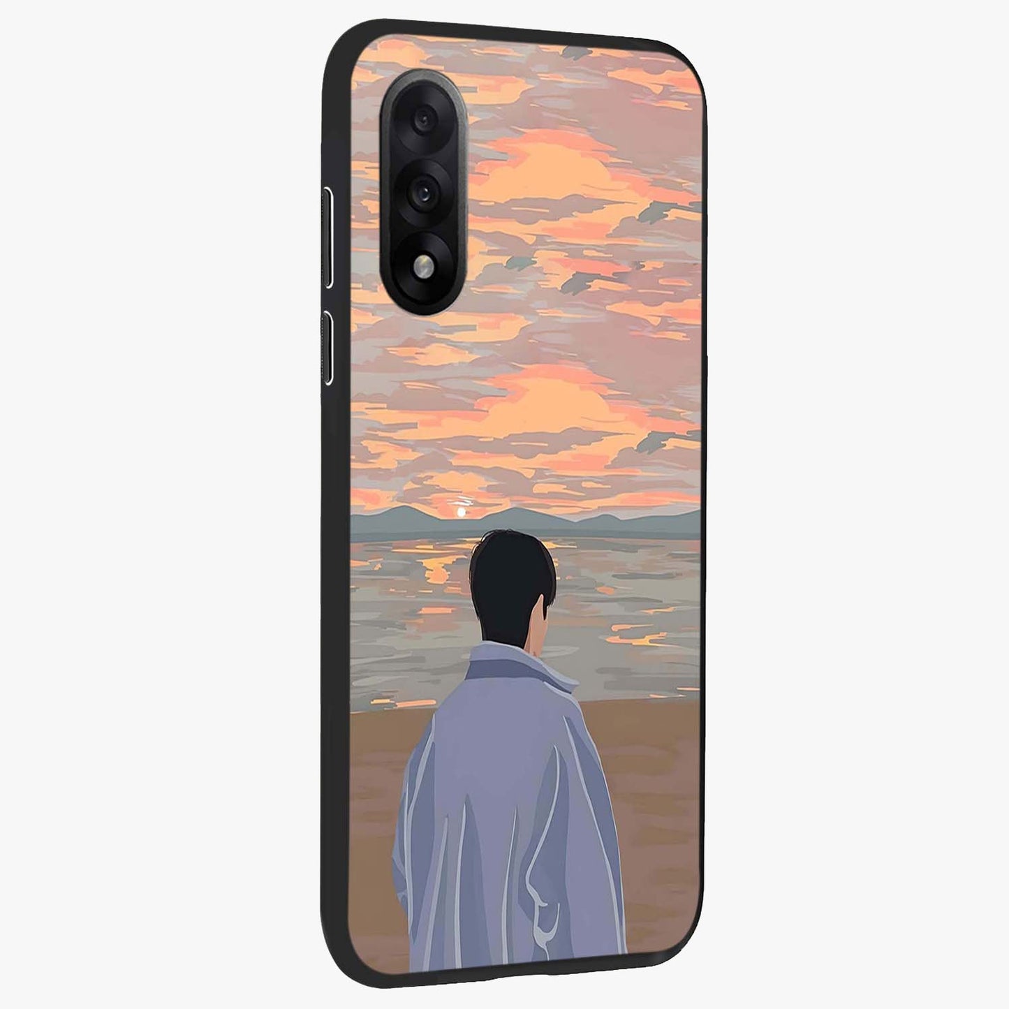 Boy Facing Sunset Beach Glass Case for 1+Nord 5 side perspective highlighting calming sunset gradients and smooth edges