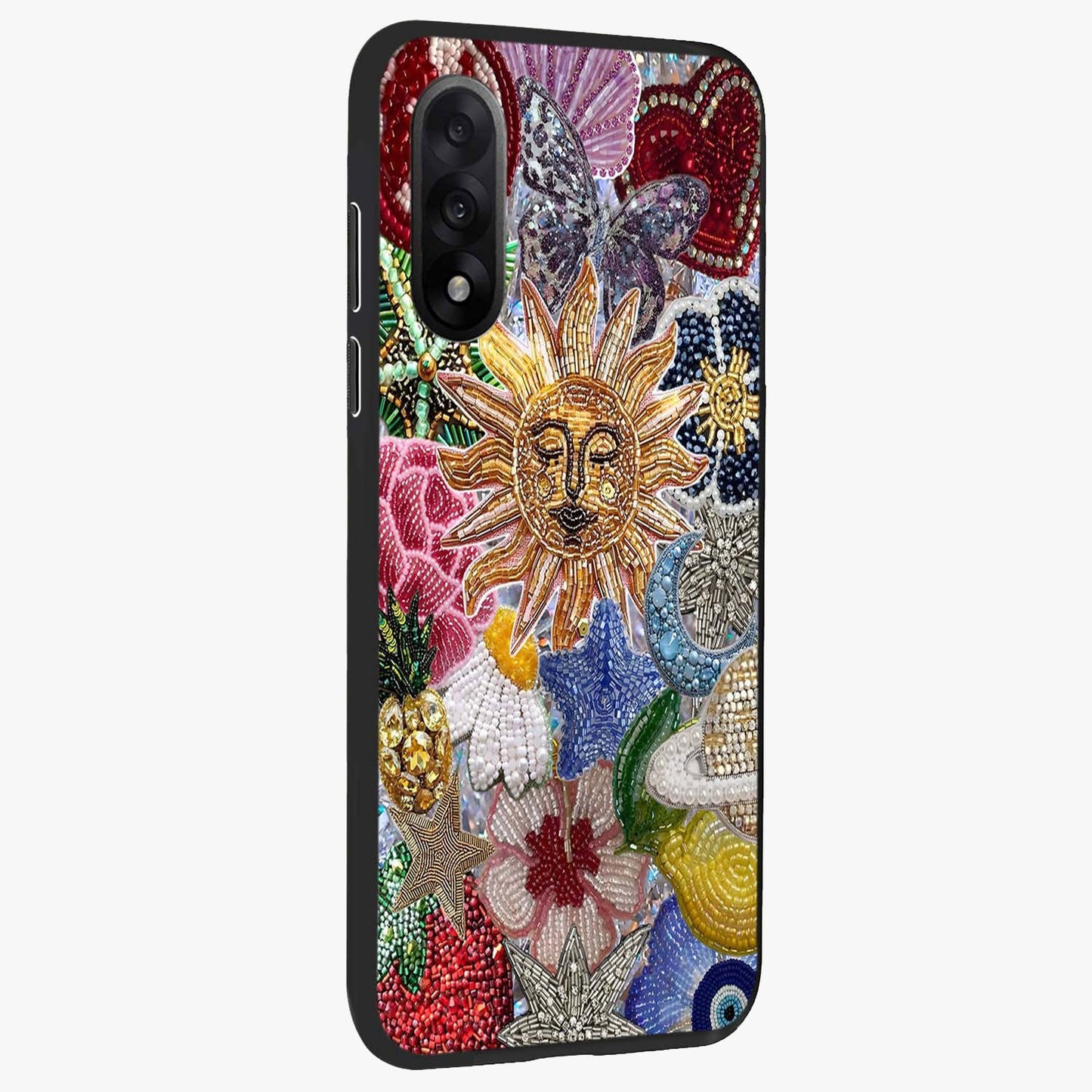 Celestial Floral and Playful Glass Case for 1+Nord 5 side perspective highlighting playful bloom textures and smooth edges