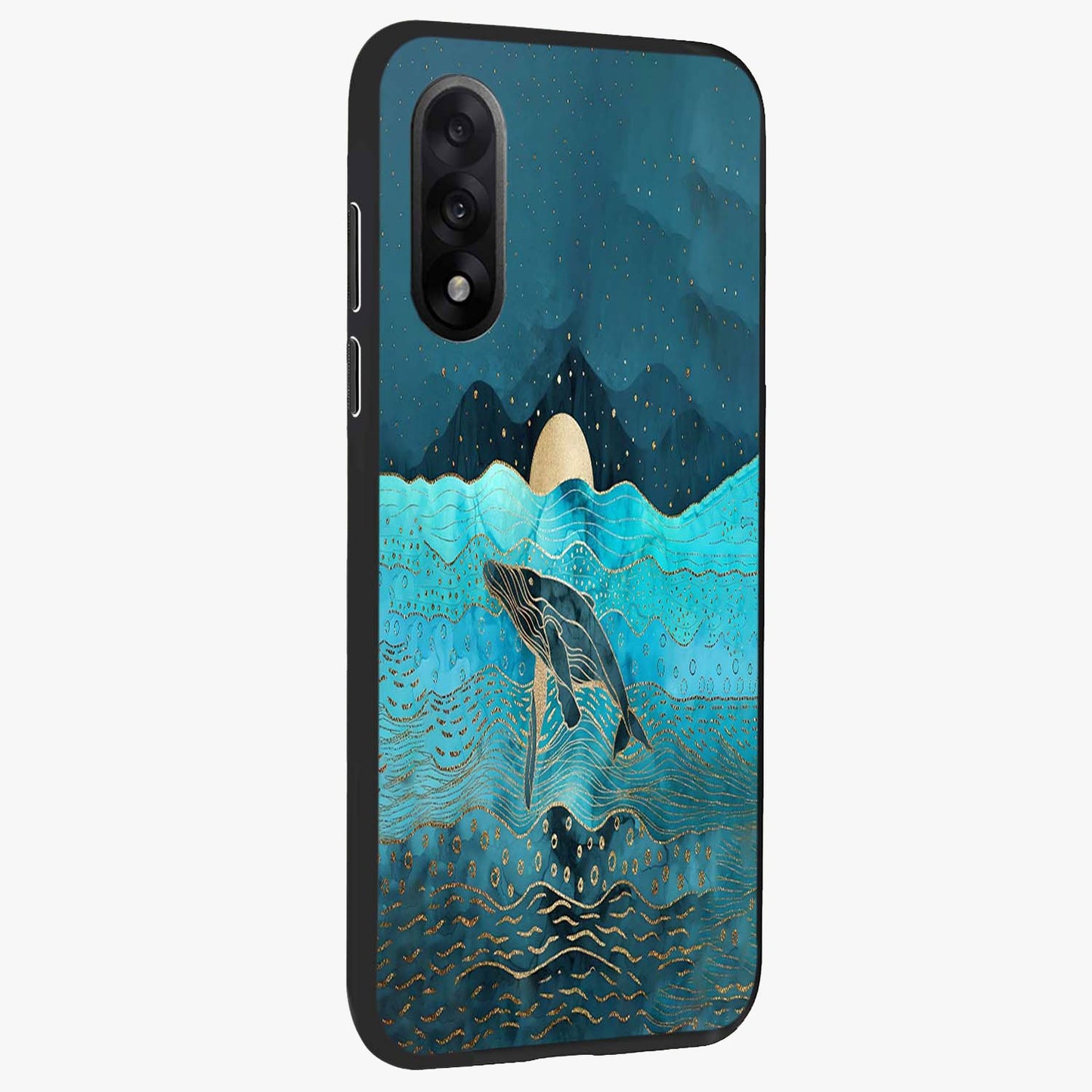 Celestial Whale Voyage Glass Case for 1+Nord 5 side perspective highlighting flowing whale illustration and premium detailing