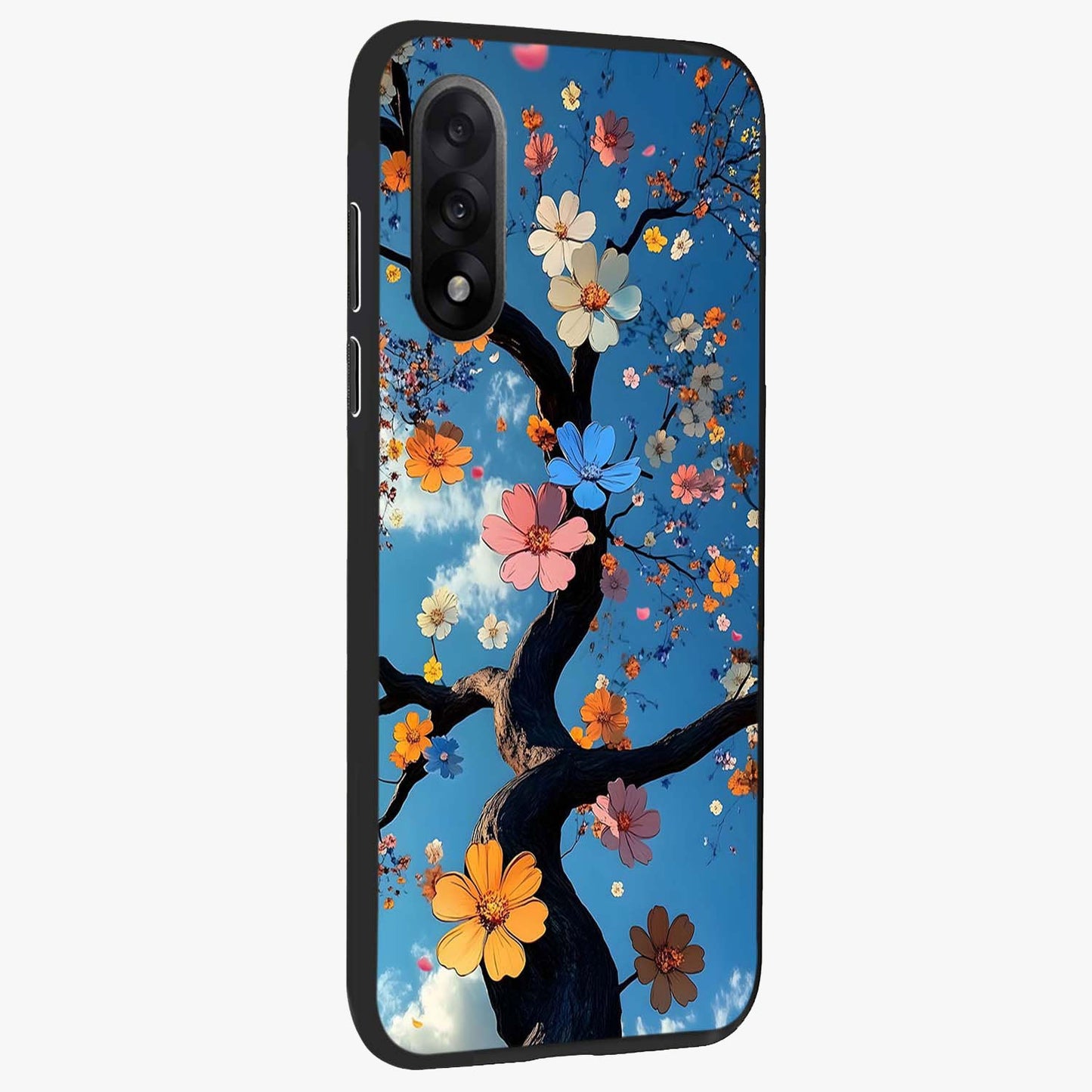 Floral Tree Glass Case for 1+Nord 5 side perspective highlighting vibrant floral patterns and sleek edges