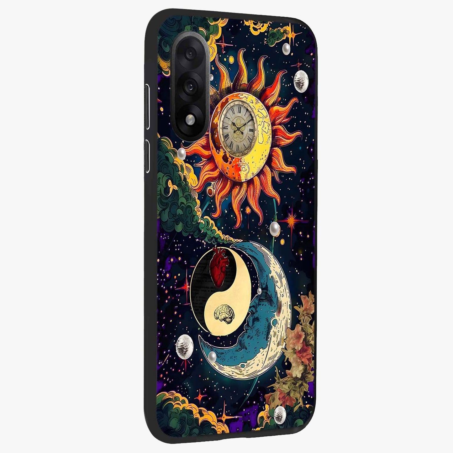 Future Universe Glass Case for 1+Nord 5 side perspective highlighting dynamic galaxy textures and premium edges