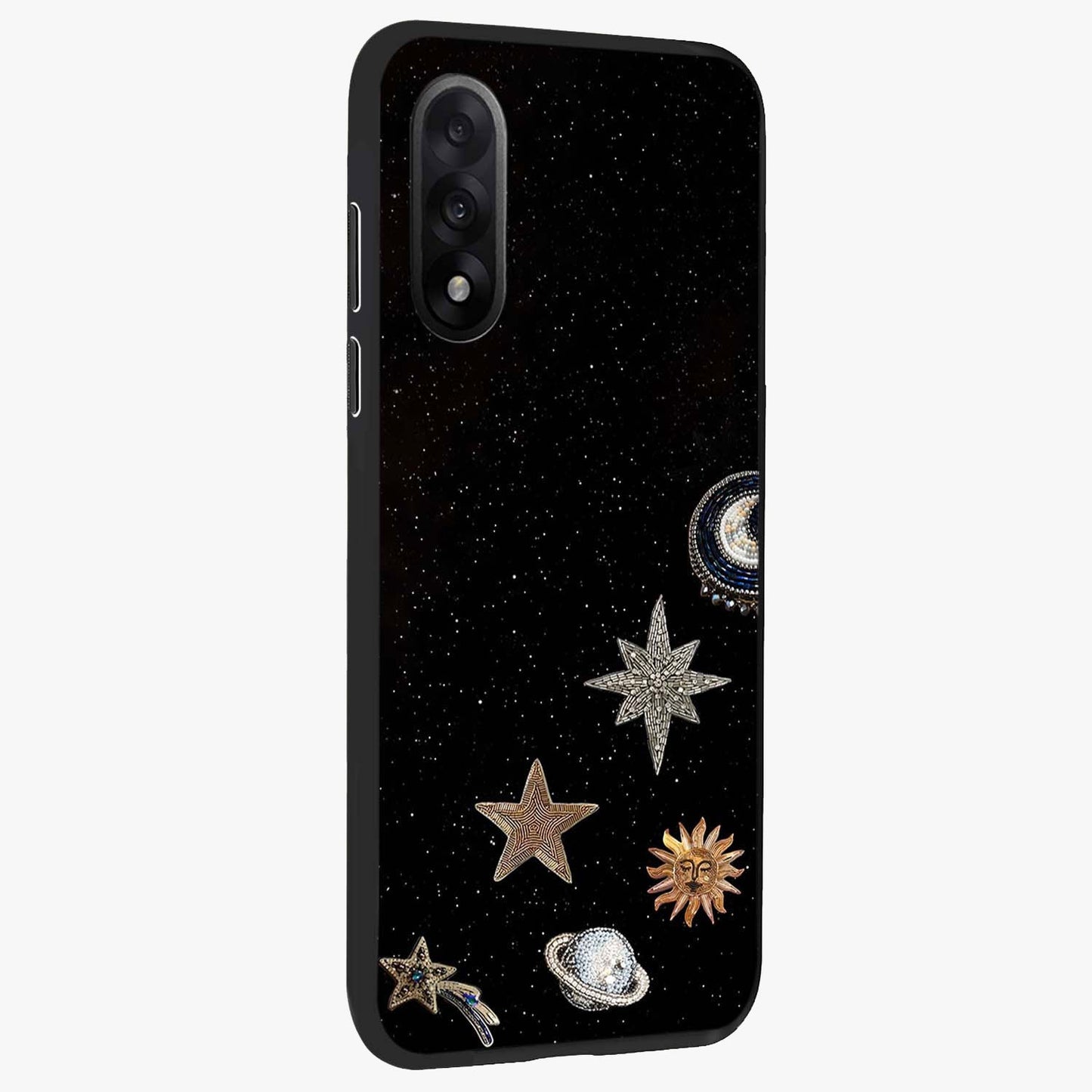 Galactic Charm Glow Glass Case for 1+Nord 5 side perspective highlighting vibrant star detailing and sleek premium edges