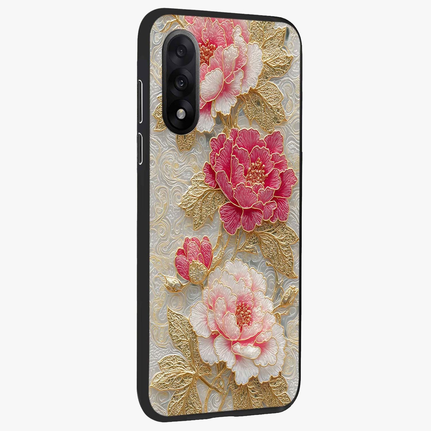 Golden Blossom Elegance Glass Case for 1+Nord 5 side perspective highlighting delicate floral textures and sleek build