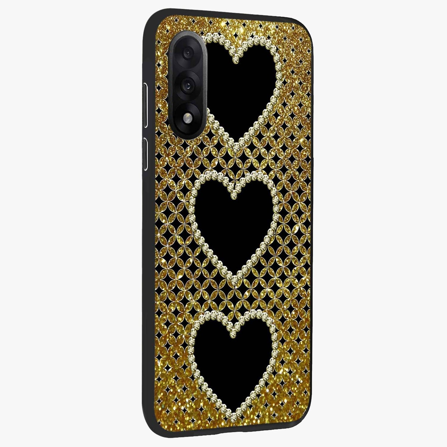 Golden Heart Glow Glass Case for 1+Nord 5 side perspective highlighting smooth heart detailing and premium edges