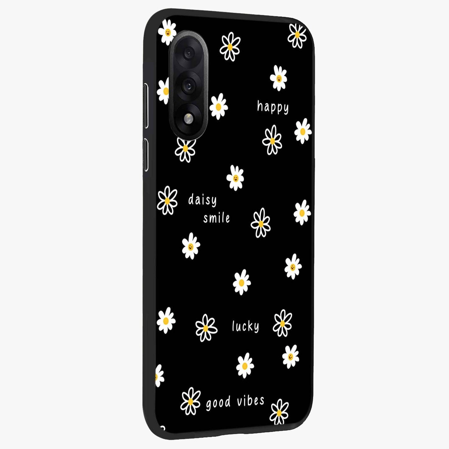 Good Vibes Daisy Black Pattern Glass Case for 1+Nord 5 side perspective highlighting playful daisy detailing and smooth edges