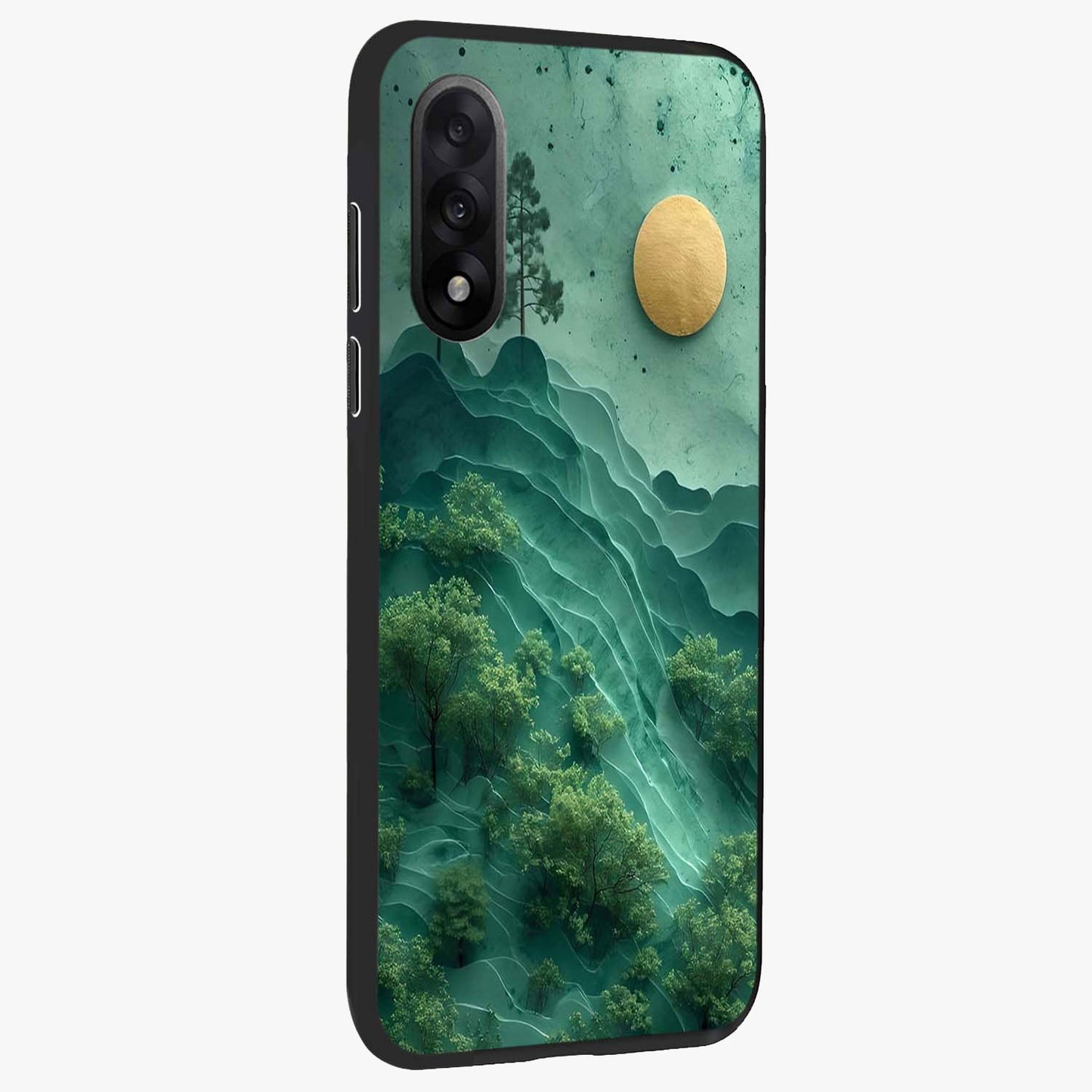 Green Hills With Sun Glass Case for 1+Nord 5 side perspective highlighting serene landscape textures and premium build