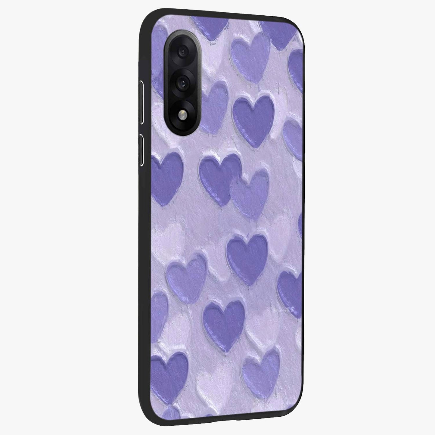 Lavender Paper Hearts Glass Case for 1+Nord 5 side perspective highlighting delicate heart textures and sleek build
