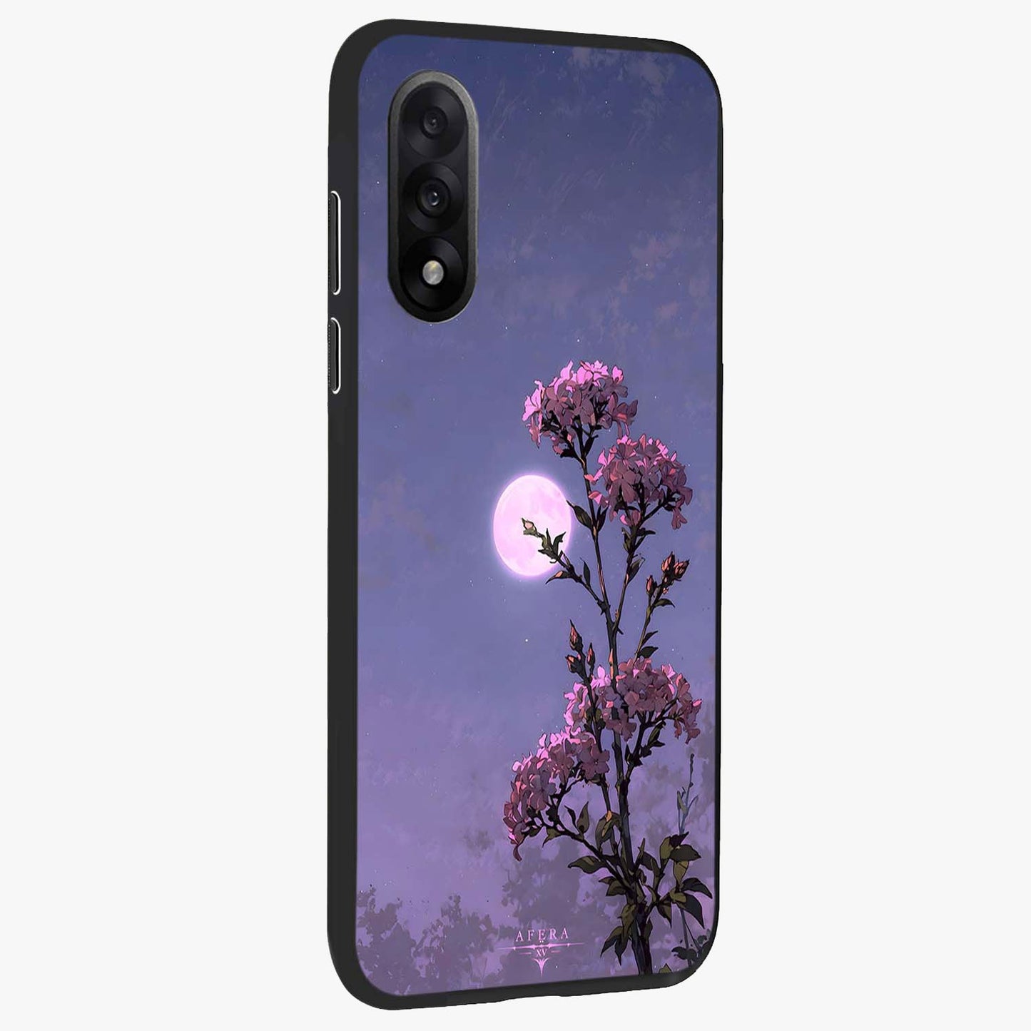 Moonlit Petal Night Glass Case for 1+Nord 5 side perspective highlighting graceful petal textures and smooth build