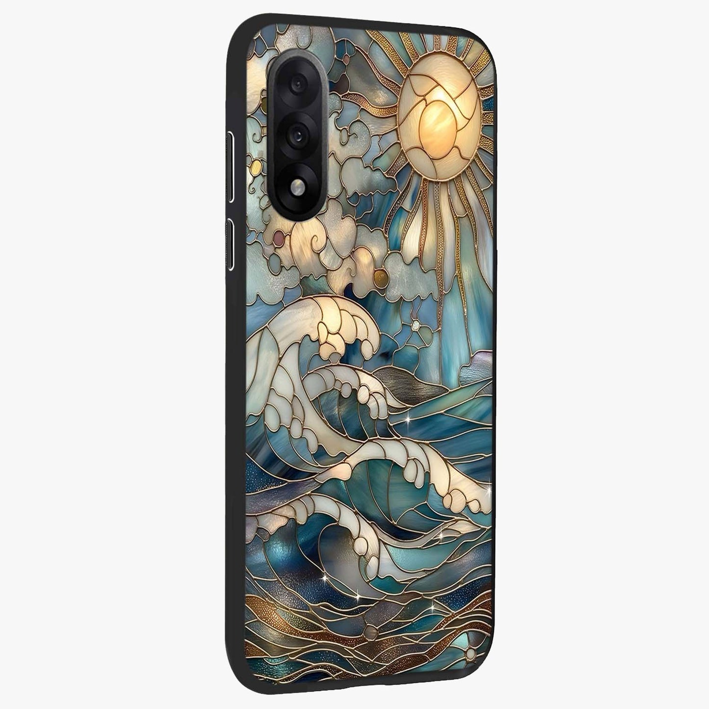 Ocean Mosaic Art Glass Case for 1+Nord 5 side perspective highlighting intricate tile textures and smooth build