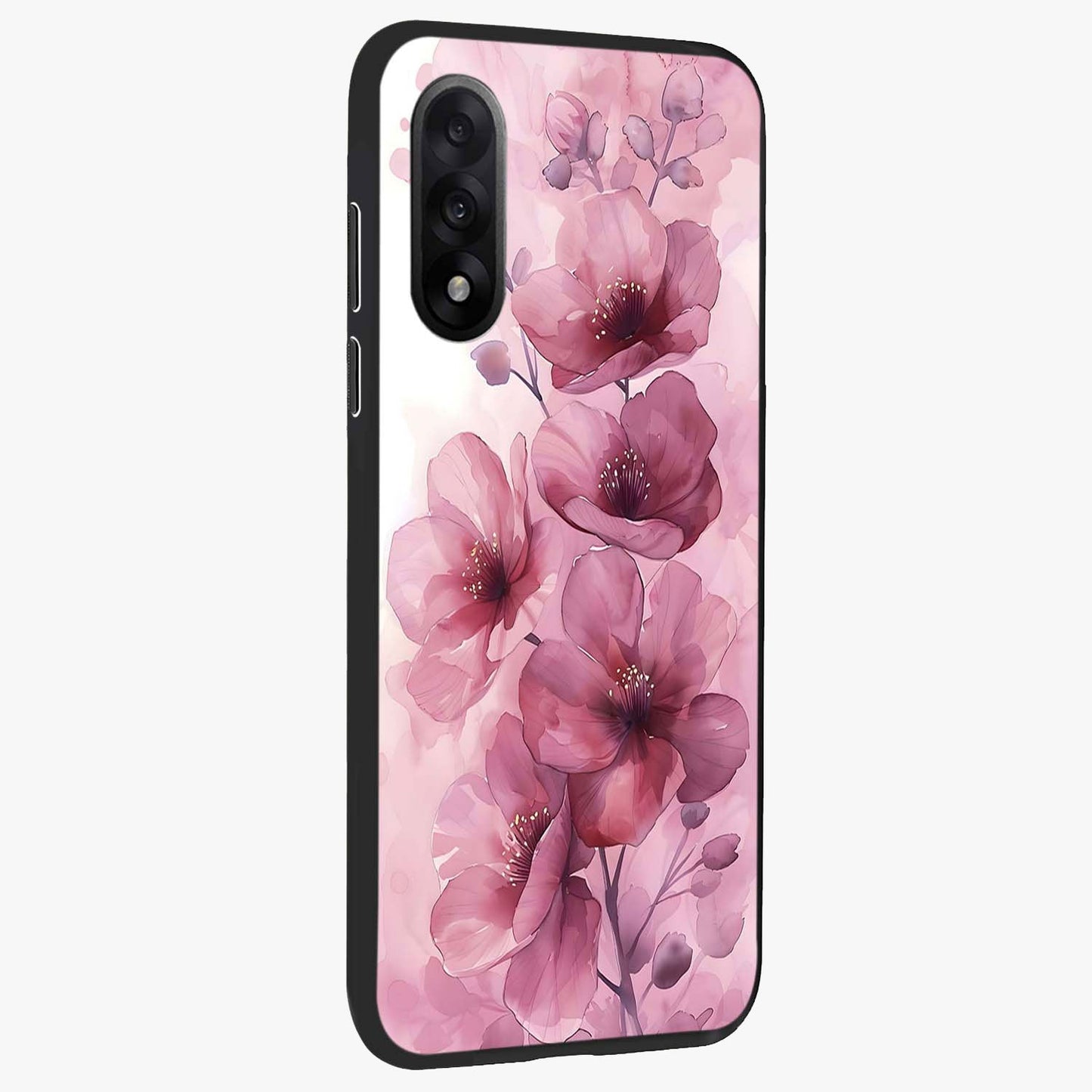 Pink Floral Glass Case for 1+Nord 5 side perspective highlighting subtle floral textures and premium edges