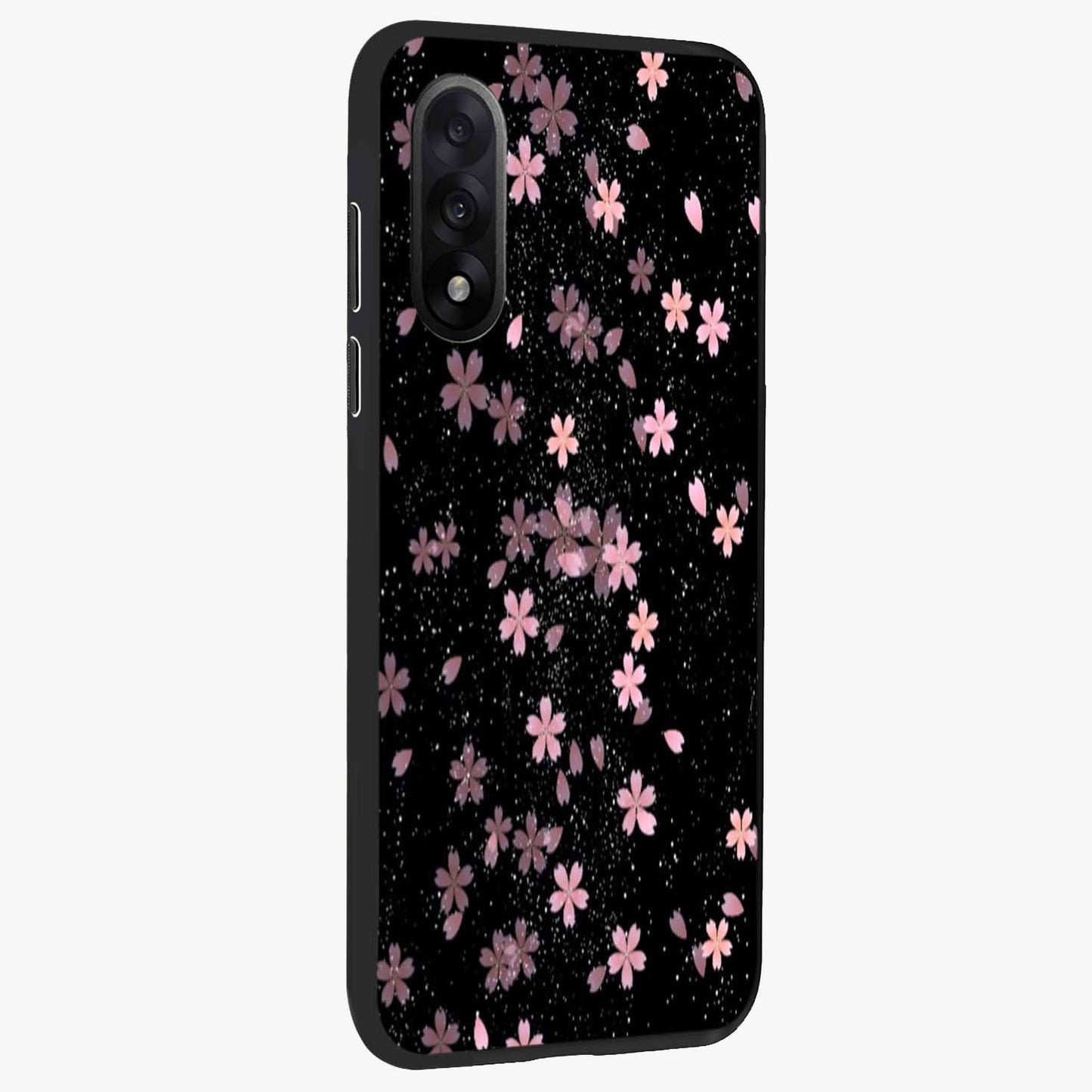 Pink Flower Black Background Glass Case for 1+Nord 5 side perspective highlighting vivid bloom textures and sleek build
