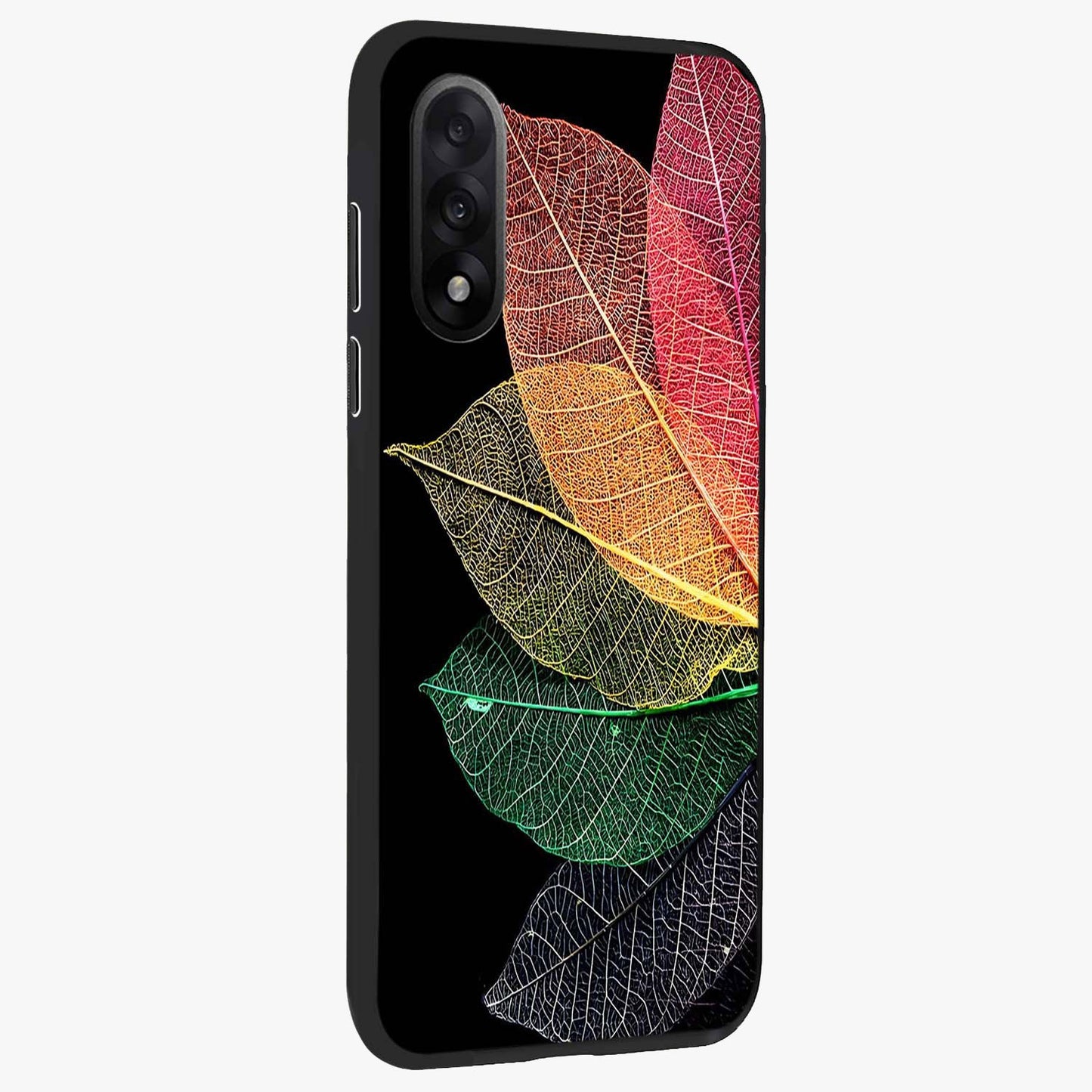 Rainbow Leaf Glow Glass Case for 1+Nord 5 side perspective highlighting bright detailing and premium edge finish