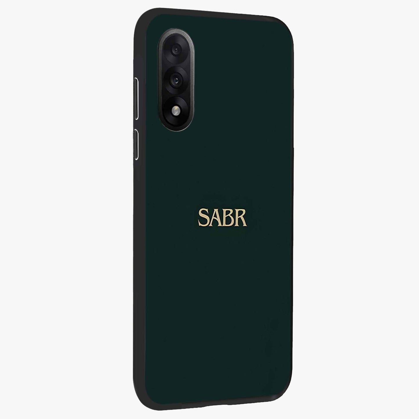 Sabr Minimal Patience Glass Case for 1+Nord 5 side perspective highlighting elegant text detailing and sleek build