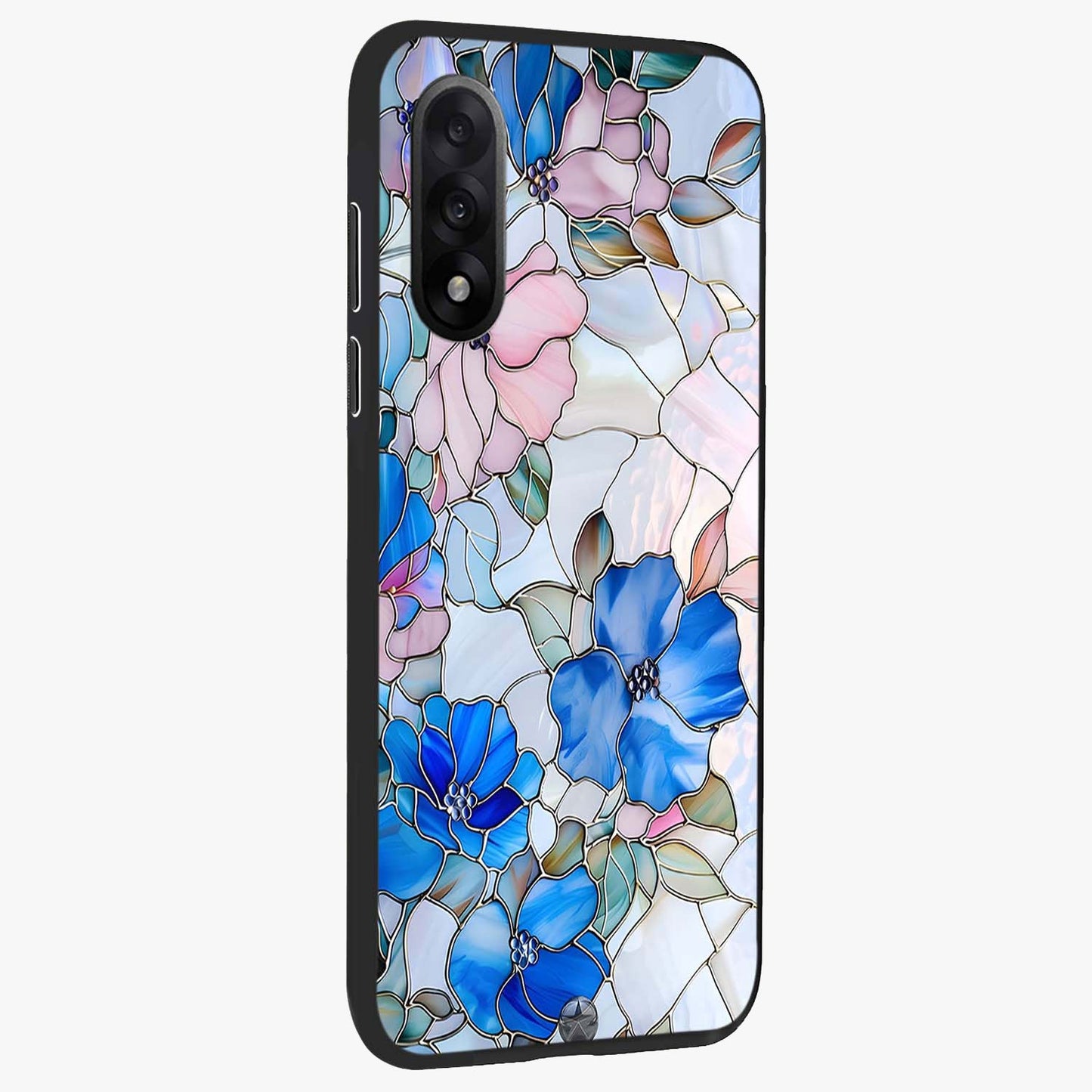 Stained Blue Floral Glass Case for 1+Nord 5 side perspective highlighting intricate bloom textures and premium edges