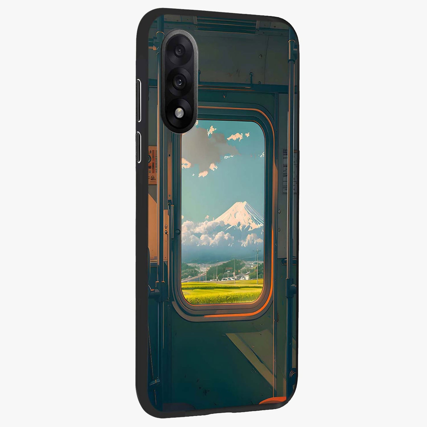 Window to Fuji Glass Case for 1+Nord 5 side perspective highlighting detailed horizon textures and smooth premium build