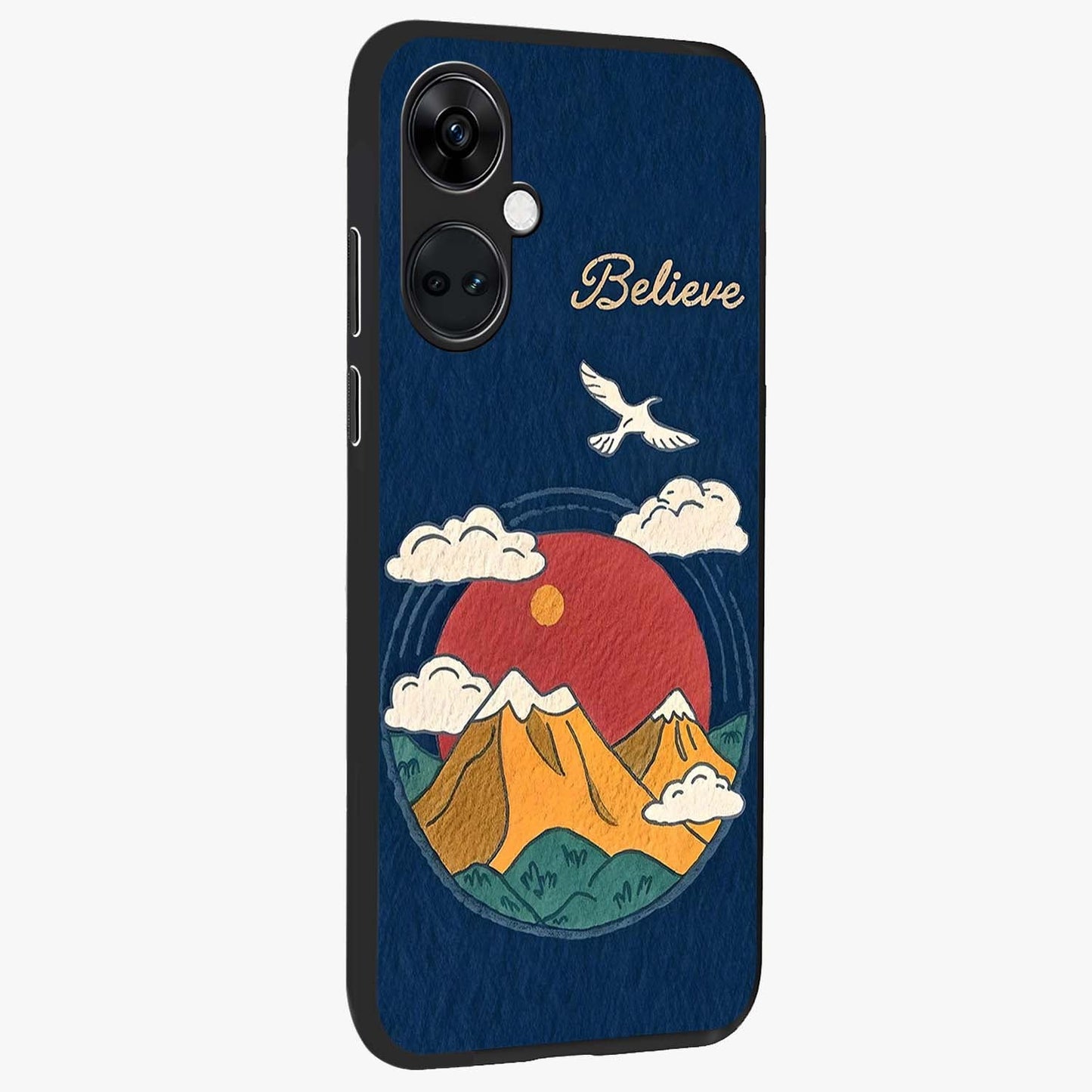 Believe Sky Escape Glass Case for 1+Nord Ce 3 side perspective highlighting motivational typography and smooth edges