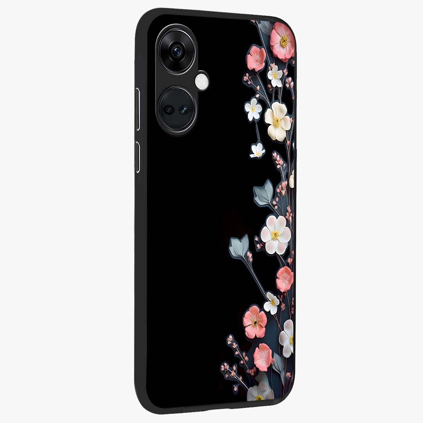 Black Elegance Floral Custom Name Glass Case for 1+Nord Ce 3 side perspective highlighting elegant floral detailing and premium edges