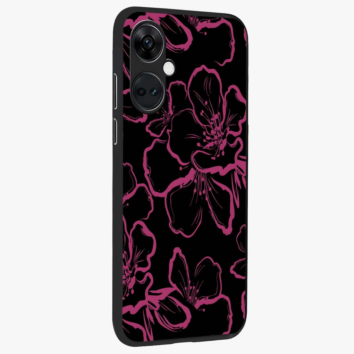 Black Violet Sketch Garden Glass Case for 1+Nord Ce 3 side perspective highlighting elegant sketch detailing and premium finish