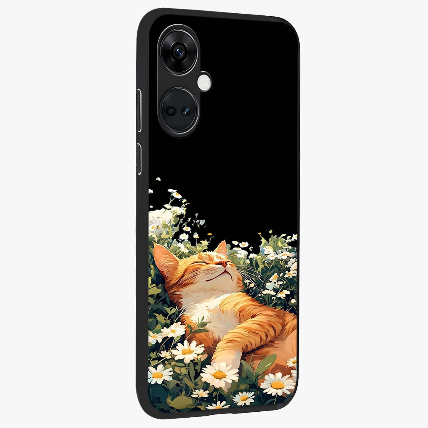 Blissful Bloom Cat Glass Case for 1+Nord Ce 3 side perspective highlighting cute feline illustration and premium edges