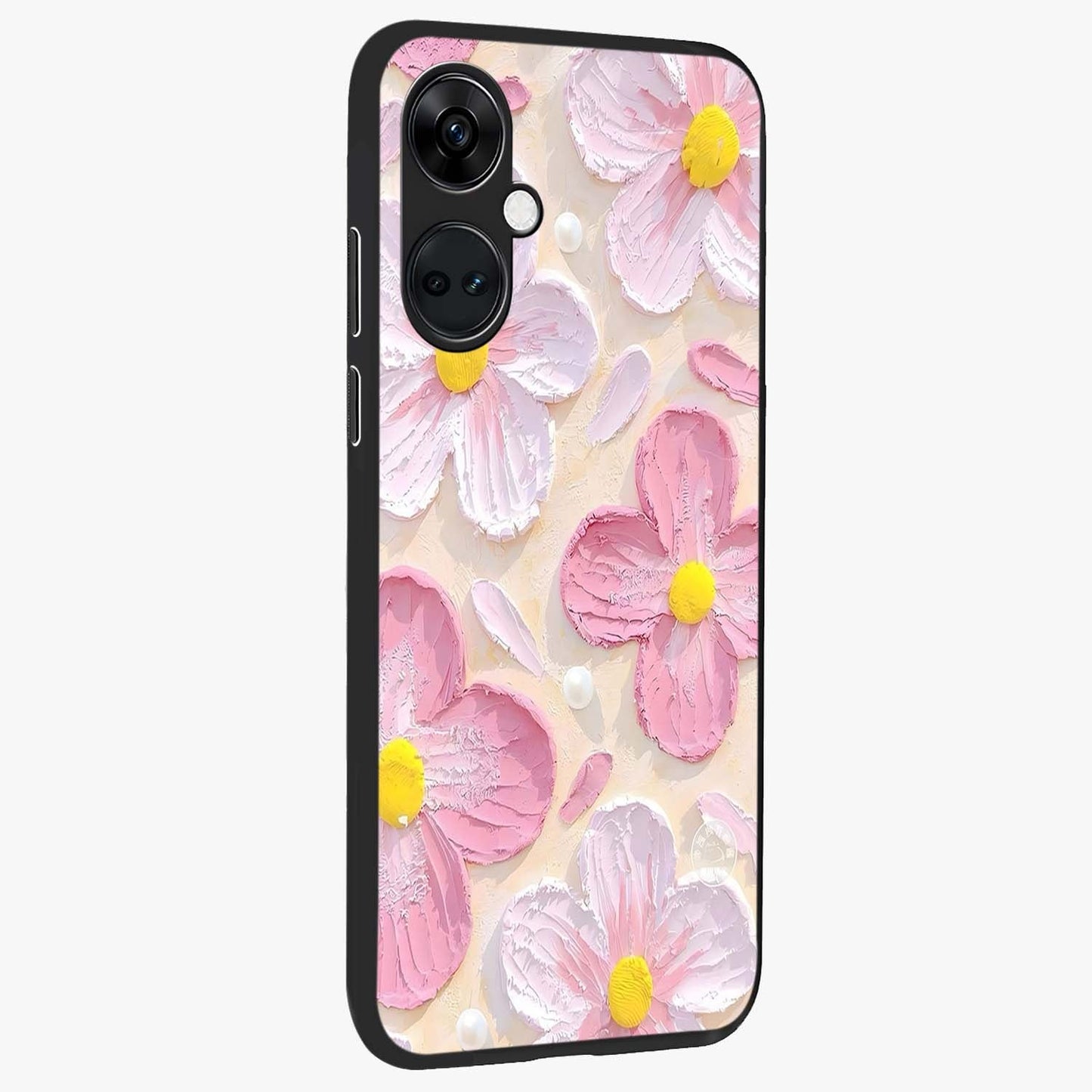 Blush Bloom Texture Glass Case for 1+Nord Ce 3 side perspective highlighting rich floral textures and smooth edges